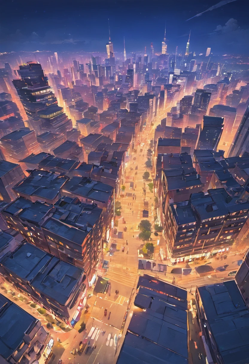 city with many buildings and lights on at night.