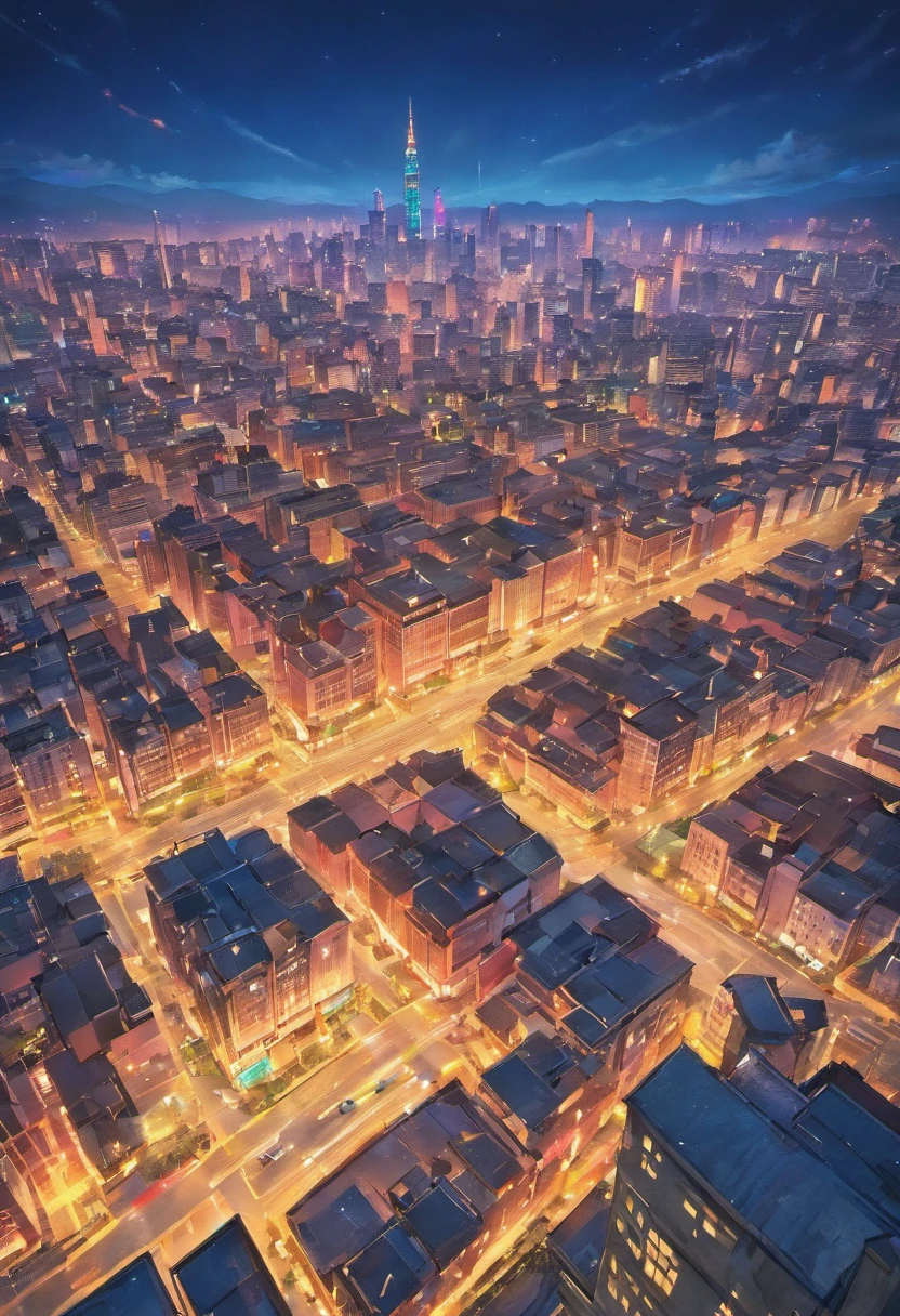 city with many buildings and lights on at night.