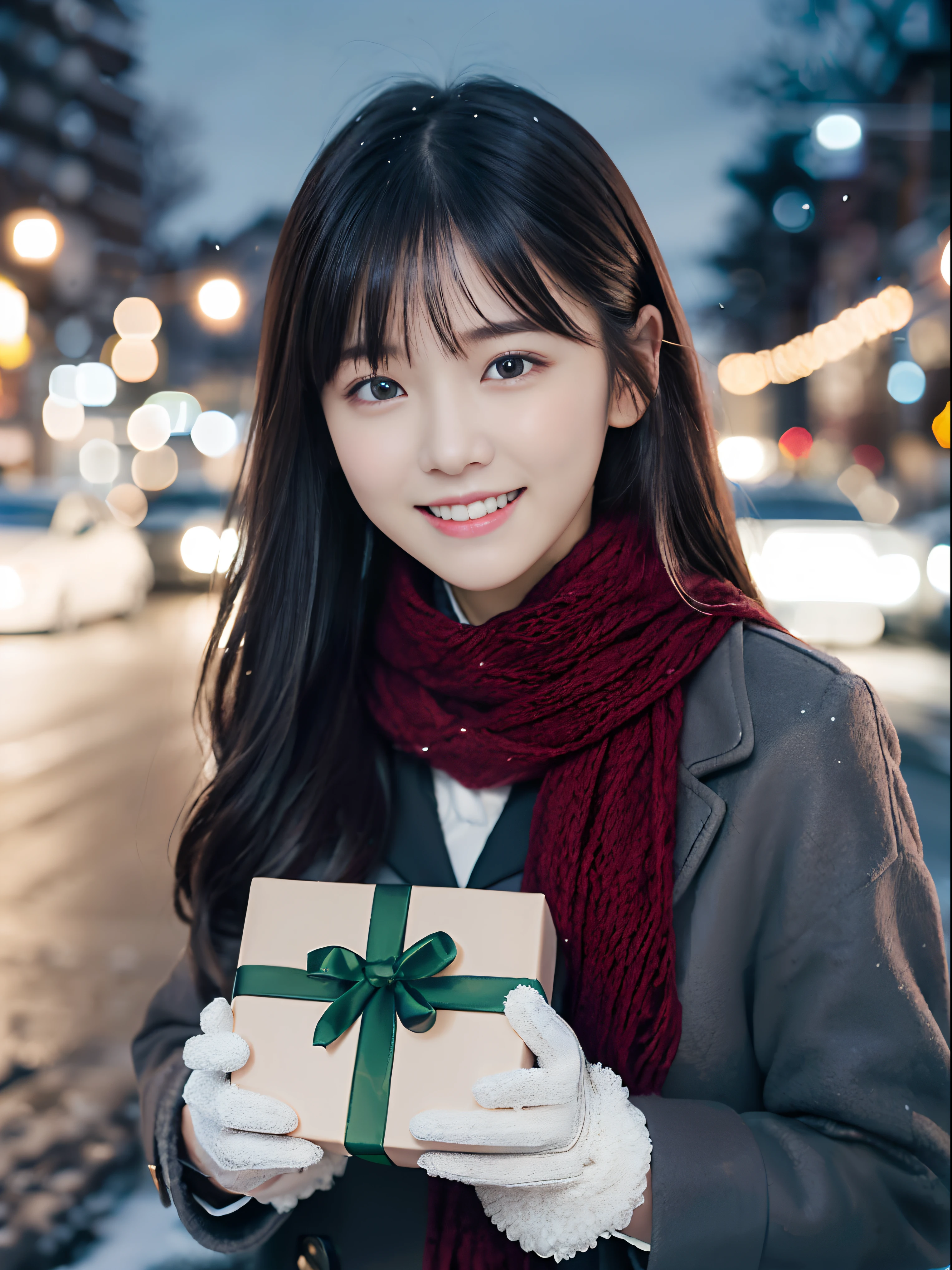 (Close-up portrait of one girl has long hair with dull bangs in a winter uniform and scarf coat:1.5)、(One girl with a shy smile has a gift box in hand  with gloves:1.5)、(Snowy winter night street corner with Christmas lights:1.5)、(Perfect Anatomy:1.3)、(No mask:1.3)、(complete fingers:1.3)、Photorealistic、Photography、masutepiece、top-quality、High resolution, delicate and pretty、face perfect、Beautiful detailed eyes、Fair skin、Real Human Skin、pores、((thin legs))、(Dark hair)