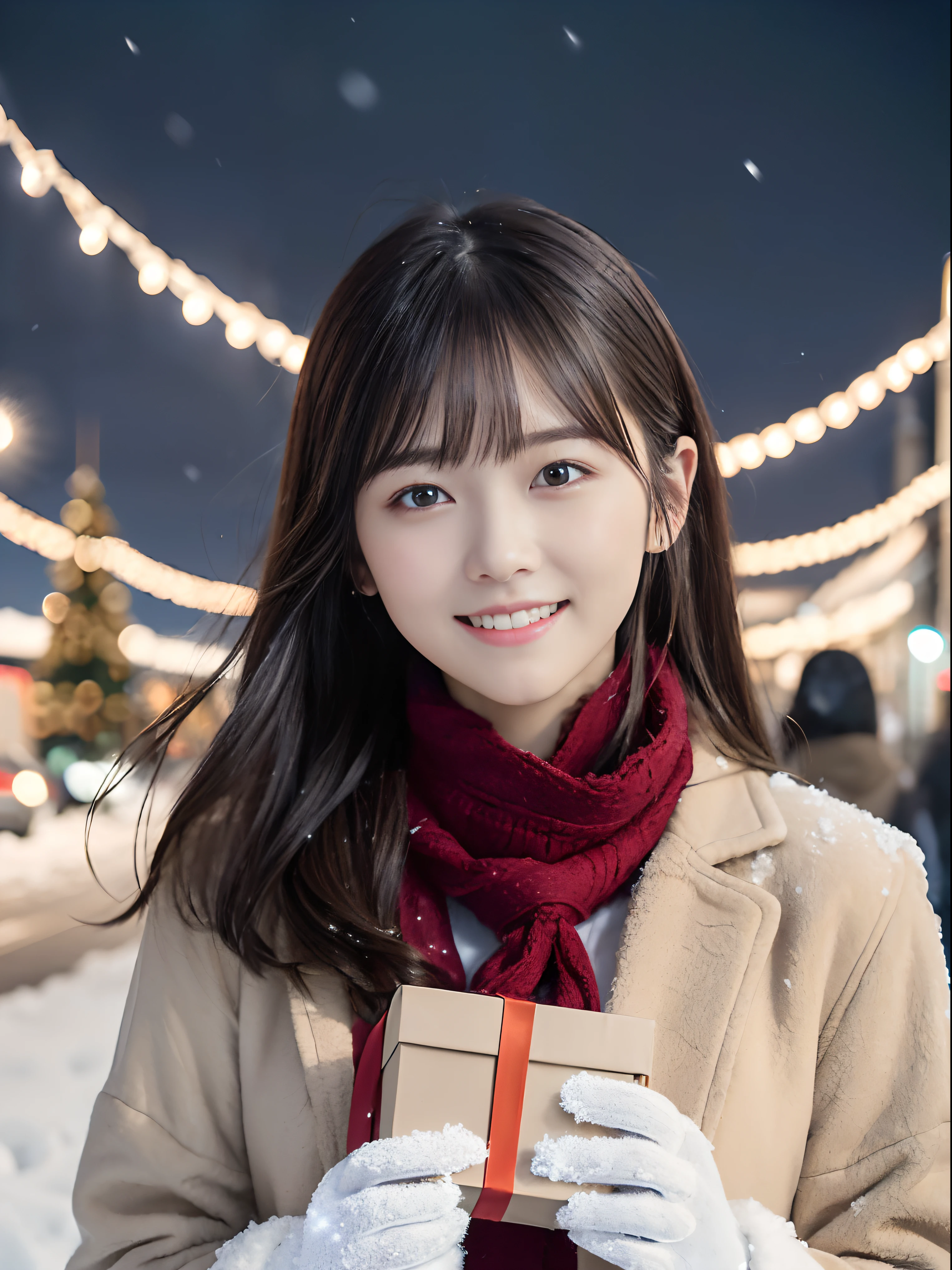 (Close-up portrait of one girl has long hair with dull bangs in a winter uniform and scarf coat:1.5)、(One girl with a shy smile has a gift box in hand with gloves:1.5)、(Snowy winter night street corner with Christmas lights:1.5)、(Perfect Anatomy:1.3)、(No mask:1.3)、(complete fingers:1.3)、Photorealistic、Photography、masutepiece、top-quality、High resolution, delicate and pretty、face perfect、Beautiful detailed eyes、Fair skin、Real Human Skin、pores、((thin legs))、(Dark hair)