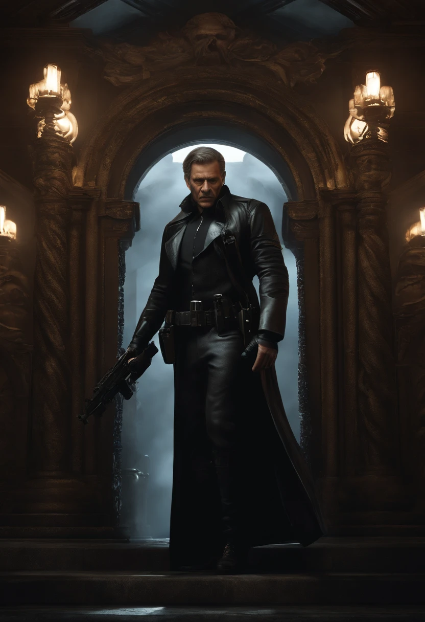Nemesis from Resident Evil, standing in front of Jill, monstrous appearance, wearing a police uniform, sharp teeth, one eye covered with a black band-like structure, menacing expression, high level of detail and texture, In the background with some zombies lying on the ground, perfect detailed face, detailed symmetric circular iris, realistic, stunning realistic photograph italian mafia character, 3d render, octane render, intricately detailed, cinematic, trending on artstation, Isometric, Centered hipereallistic cover photo, awesome full color, hand drawn, dark, gritty, mucha, klimt, erte 12k, hight definition, cinematic, neoprene, behance contest winner, portrait featured on unsplash, stylized digital art, smooth, ultra high definition, 8k, unreal engine 5, ultra sharp focus, intricate artwork masterpiece, ominous, epic, TanvirTamim, trending on artstation, by artgerm, h. r. giger and beksinski, highly detailed, vibrant
