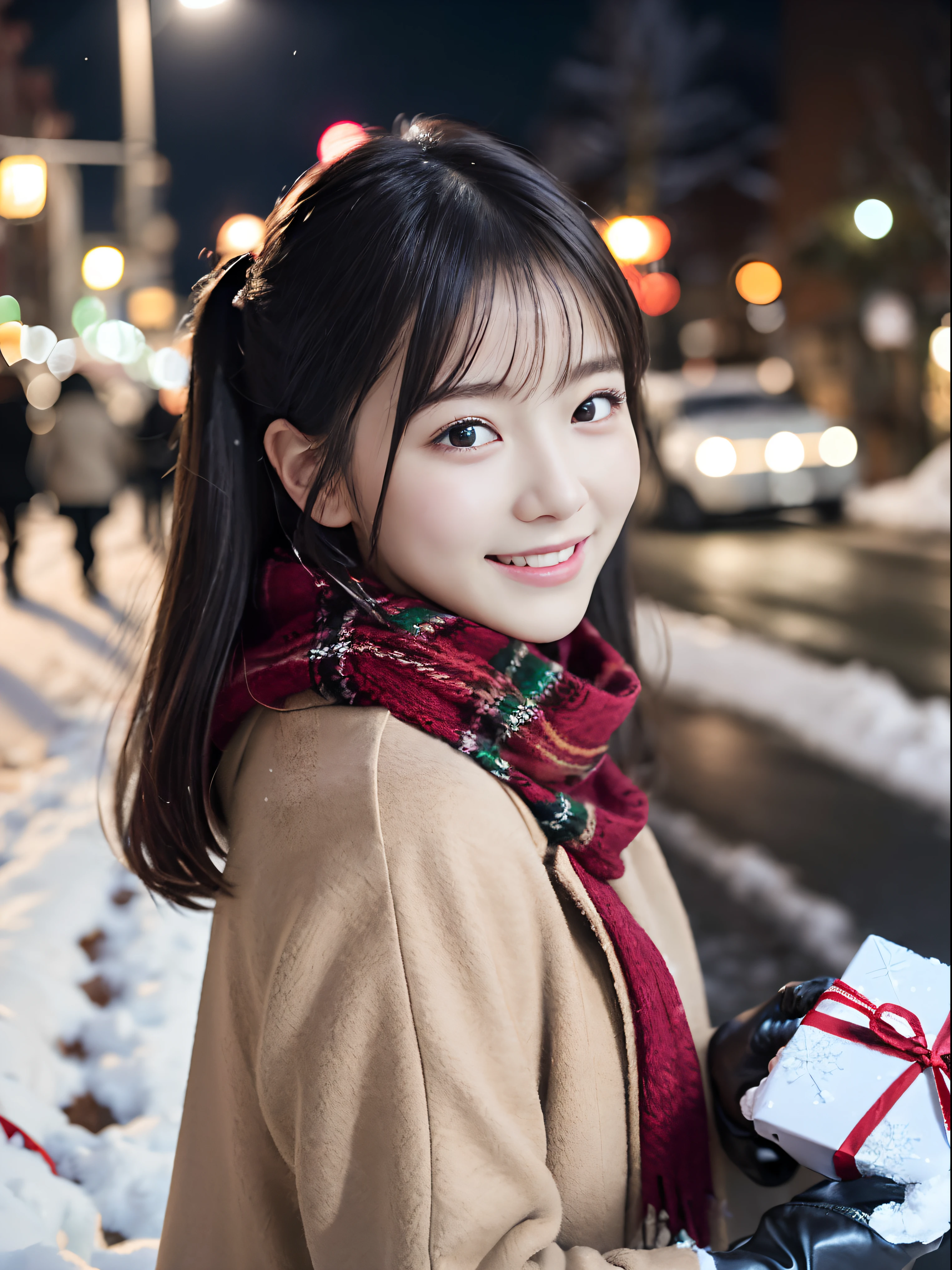 (Close-up portrait of one girl has twin-tailed hair in a winter uniform and scarf coat:1.5)、(One girl with a shy smile has a gift box in hand with gloves:1.5)、(Snowy winter night street corner with Christmas lights:1.5)、(Perfect Anatomy:1.3)、(No mask:1.3)、(complete fingers:1.3)、Photorealistic、Photography、masutepiece、top-quality、High resolution, delicate and pretty、face perfect、Beautiful detailed eyes、Fair skin、Real Human Skin、pores、((thin legs))、(Dark hair)