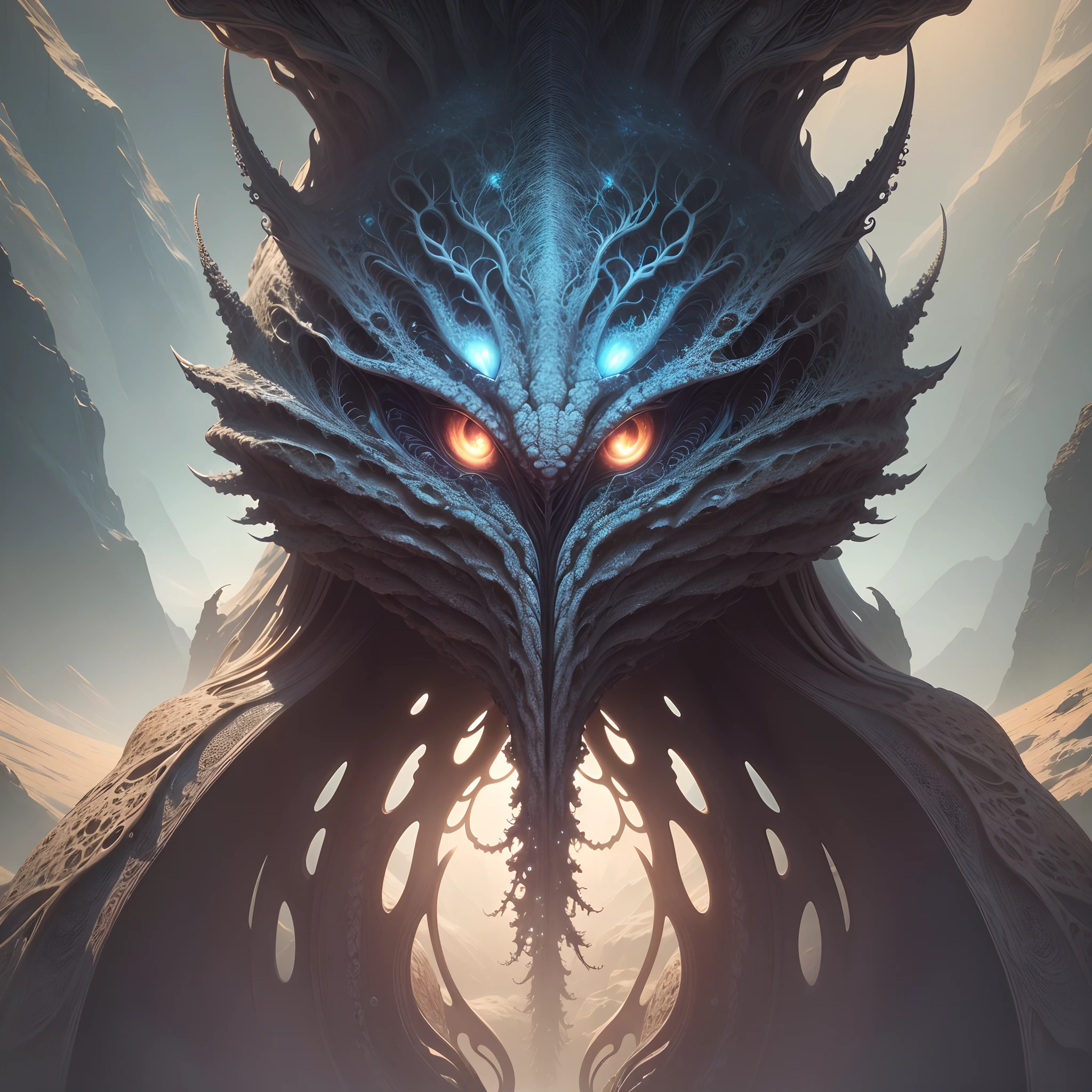 (highres,realistic:1.2),Tender Sci-fi monster,fractal art,alien creature,evocative eyes,otherworldly beauty,organic textures,ethereal landscape,enigmatic patterns,soft glowing colors,magical atmosphere,dreamlike,mesmerizing details,mind-bending shapes