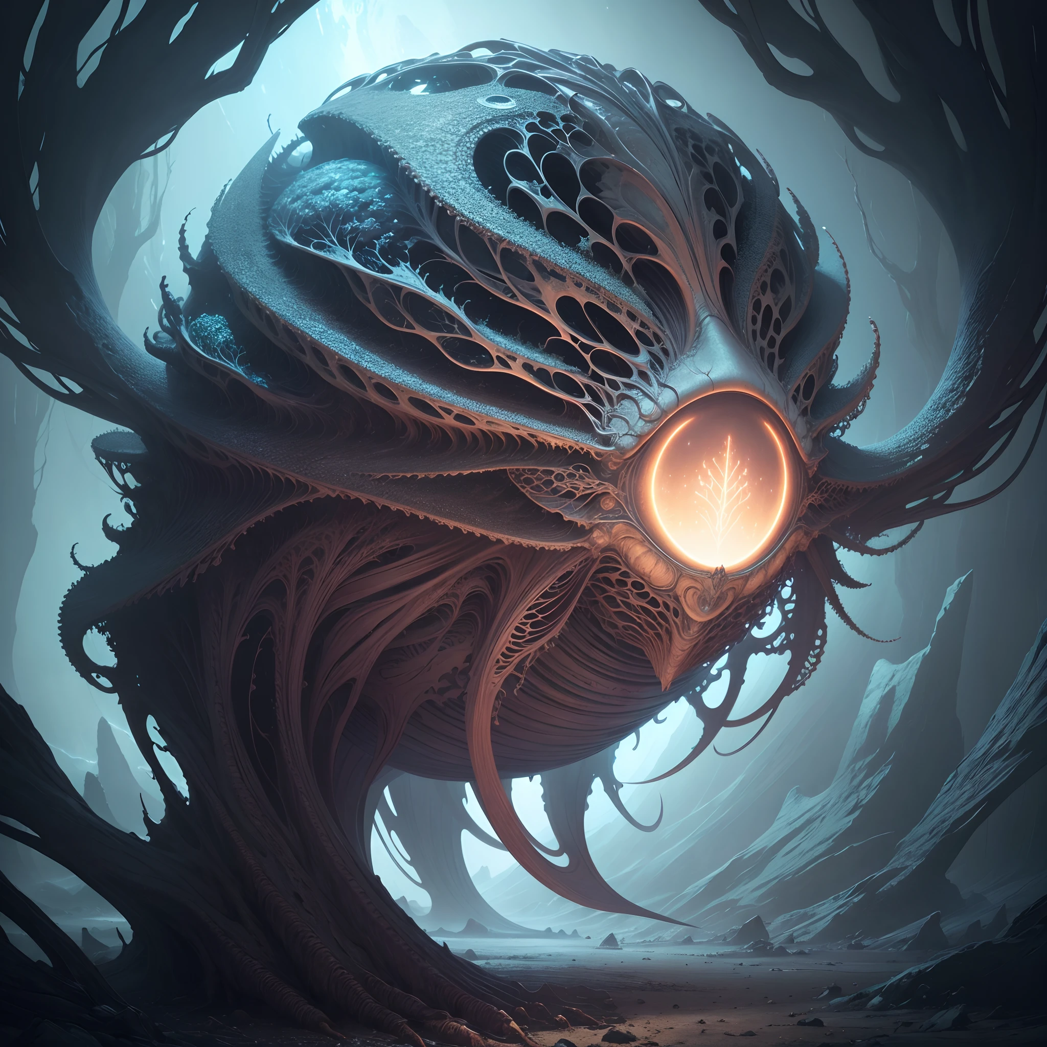 (highres,realistic:1.2),Tender Sci-fi monster,fractal art,alien creature,evocative eyes,otherworldly beauty,organic textures,ethereal landscape,enigmatic patterns,soft glowing colors,magical atmosphere,dreamlike,mesmerizing details,mind-bending shapes