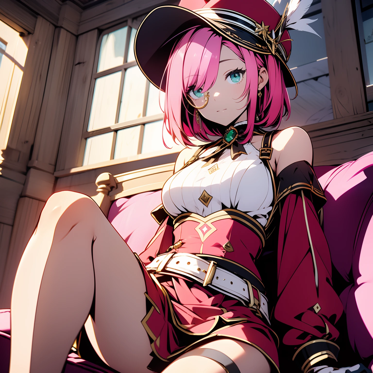 (masterpiece),best quality, cowboy shot, charlotte_genshin
expressive eyes, perfect face, 1girl, indoors, sitting on a couch, medium breasts, red clothes
 beautiful, gorgeous ,1girl, red hat, pink hair, gloves, bare shoulders, belt, green eyes,thigh strap, detached sleeves, white shirt, right eye monocle, short hair, jewelry,ribbon, hat feather, perfect legs, slender legs