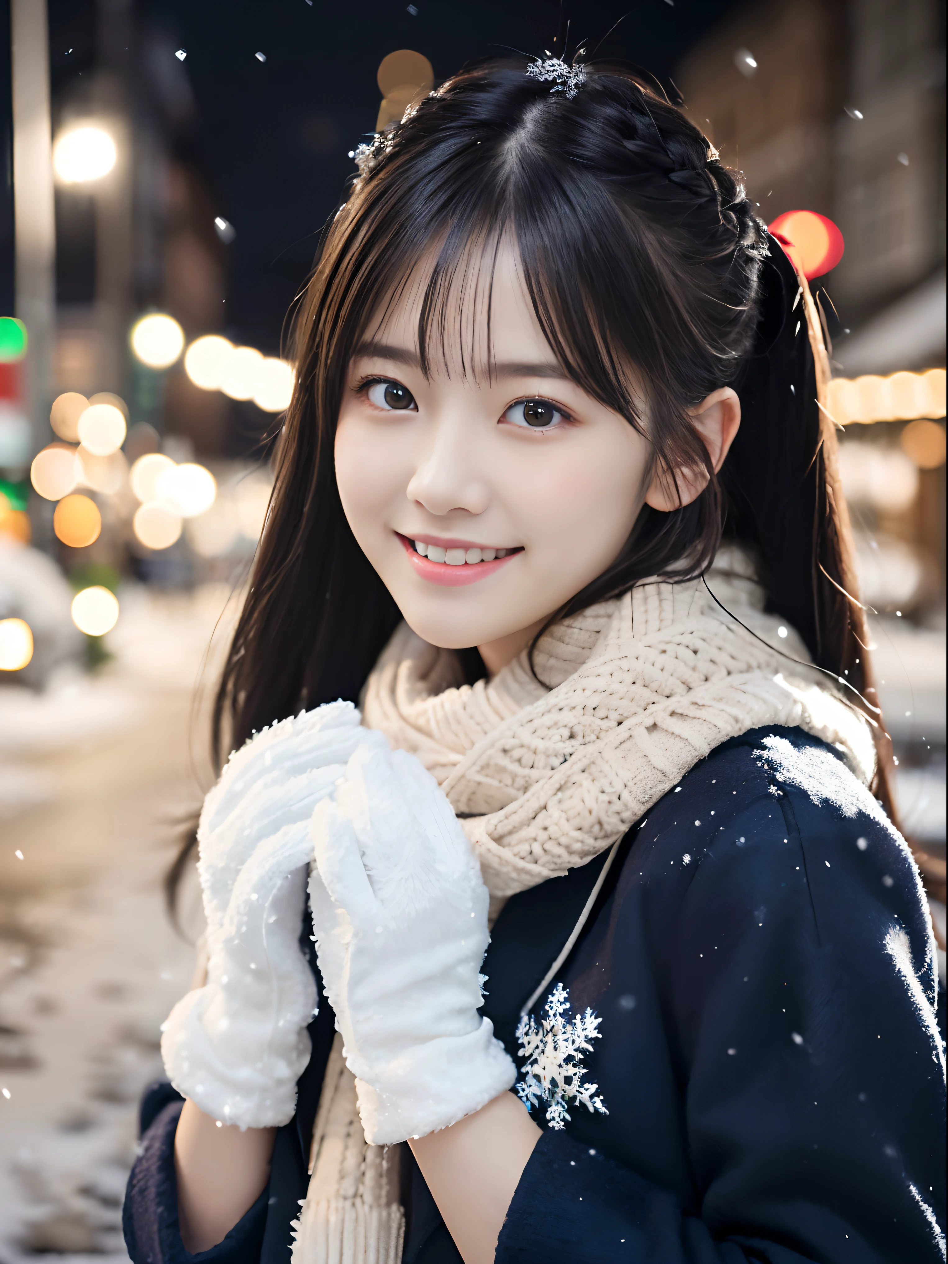 (Close-up portrait of one girl has twin-tailed hair in a winter uniform and scarf coat:1.5)、(One girl with a shy smile has a gift box in hand  with gloves:1.5)、(Snowy winter night street corner with Christmas lights:1.5)、(Perfect Anatomy:1.3)、(No mask:1.3)、(complete fingers:1.3)、Photorealistic、Photography、masutepiece、top-quality、High resolution, delicate and pretty、face perfect、Beautiful detailed eyes、Fair skin、Real Human Skin、pores、((thin legs))、(Dark hair)