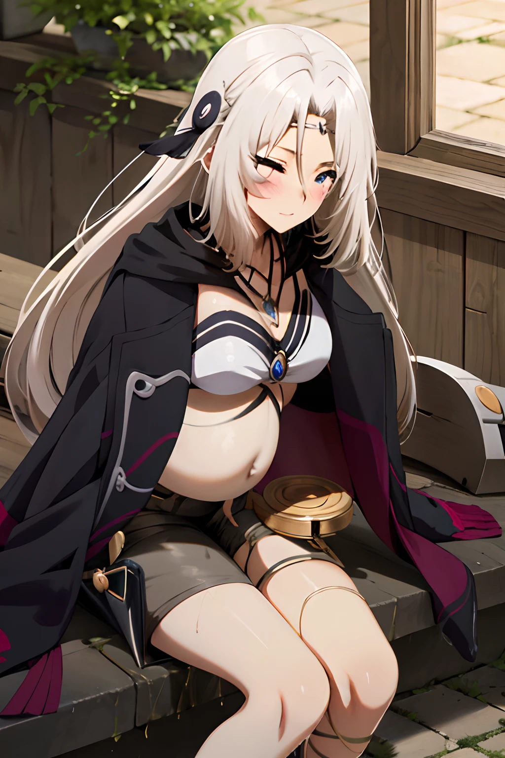 masterpiece, Best quality, 1girl, anime girl, gray robe, tattered edges, white bikini top, black short pants with gold accessories, leg stocking on her right leg from just above the ankle to the middle of her thigh, while her left leg is bare save for two straps, black gloves, jewel-adorned hairband, a necklace with what appears to be a sapphire, Pregnant, (a girl is peeing:1.3), (wet hotpants:1.5), amniotic fluid, blushing, heavy breath, in pain