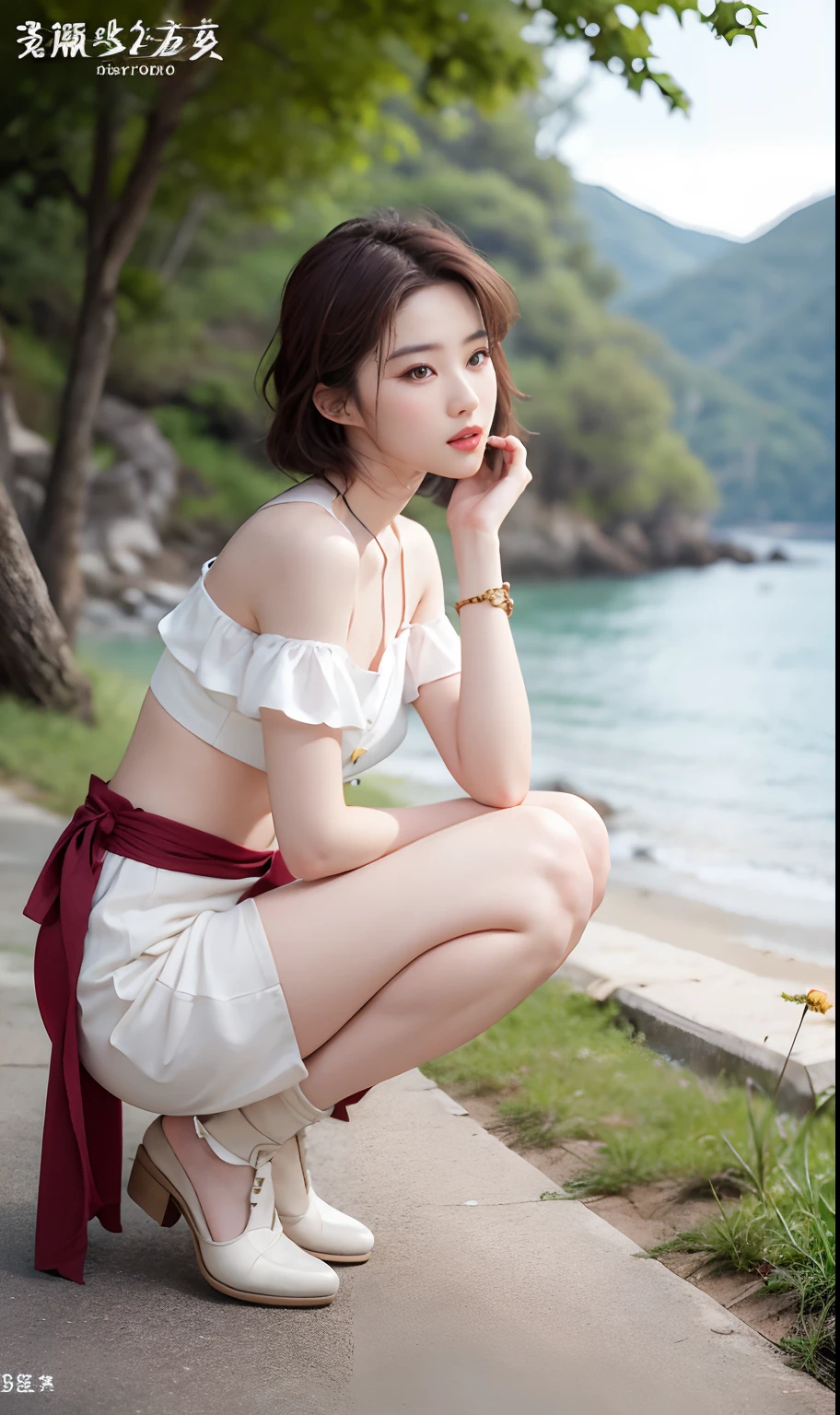 NSFW， 8K Raw photograph， best qualtiy， tmasterpiece， 超高分辨率， filmgrain， cinematic ligh， 1girll， looking at viewert， Natural skin texture， Realistic Eyes and Face Details， full pouty lips， lipsticks， （putting makeup on）， Red eyeshadow， Short fluffy hair， messy  hair， ssmile， Keep one's mouth shut， beautifullegs， Tall women， being thin， Slim_Legs， 独奏， Brustwarzen， Pose with your hips facing you， Superskirt， hindquarters， Beautiful natural location， Location of flowers around， （detailedbackground） ， Show a little through the shirt， Footwear， vague background， bblurry， halter，， short- sleeved， The ribbon is around the neck， JK ribbon， brown  hair， bangle， Eau， By bangs， jewely， parted lip， cparted lips， From the side Side， Printed silk skirt， depth of fields，beachside，zona rural，are standing，