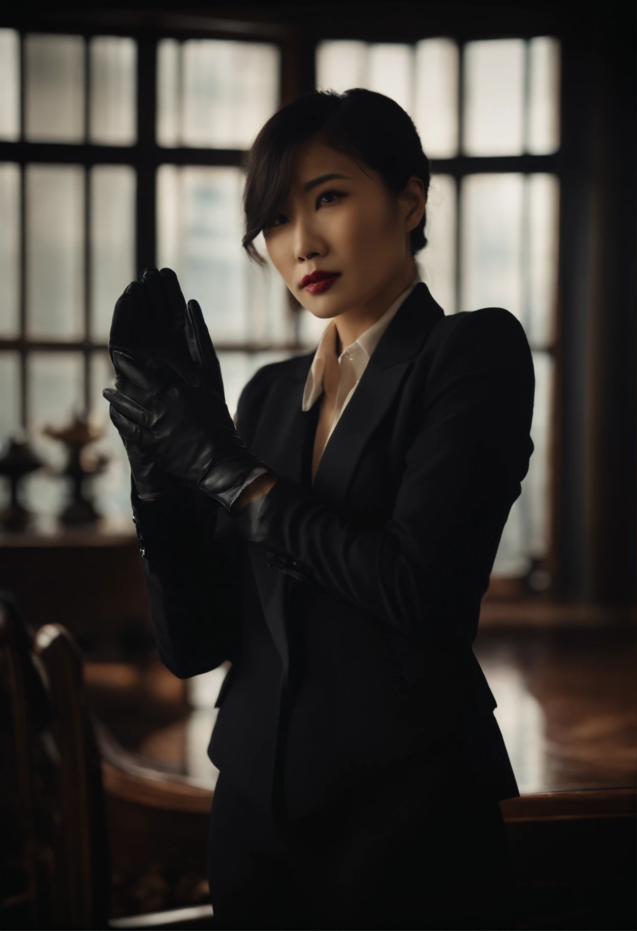 The shirt is also black、Wearing a black man's three-piece suit、Japan woman in black leather gloves