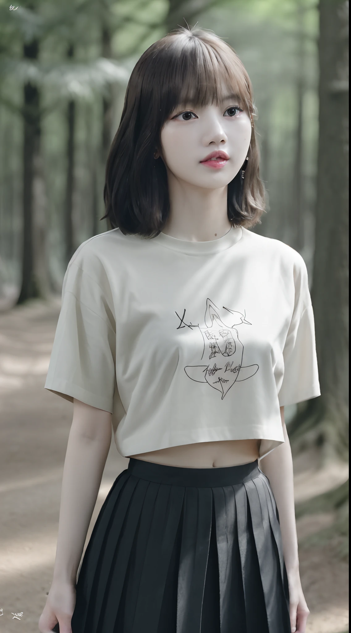 ((Lisa from Blackpink)), t-shirt, tiny pleated skirt, waist-high black tights, high heels, close-up of face, full body shot, very fair skin, short hair, wavy hair, camp, forest, photorealistic , indirect lighting, volumetric light, ray tracing, hyper-detailed, best quality, high resolution, HDR, 8k