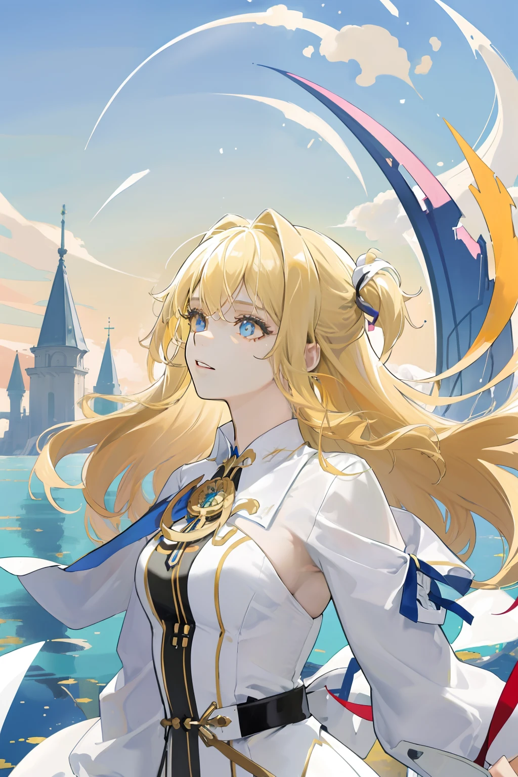 (melhor qualidade,master part:1.2),1feminino,adolescente, maduro, face altamente definida e esbelta, corpo inteiro, blonde hair, tema claro, Espelho refletido, floating piece of glass,fantasy scenery, roupa clara