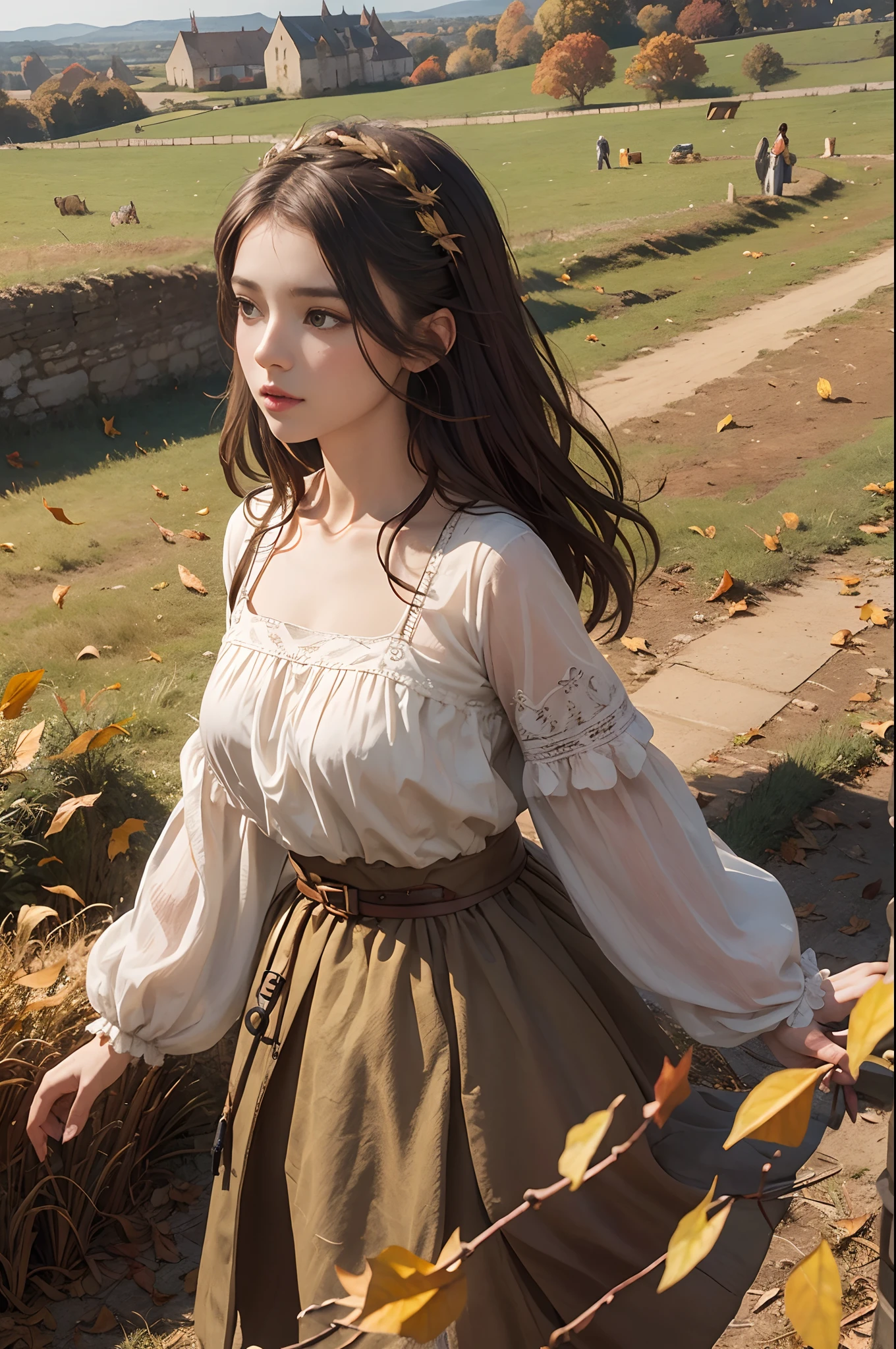 A medieval peasant girl walking on a field in France, holding a recipient with milk, medieval town on the background, Autumn, fallen leaves on the ground, earthy tones palette.