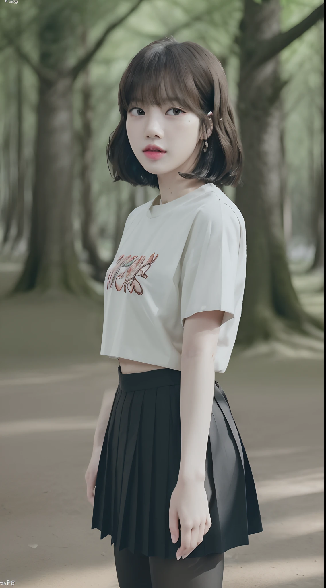((Lisa from Blackpink)), t-shirt, tiny pleated skirt, waist-high black tights, high heels, close-up of face, full body shot, very fair skin, short hair, wavy hair, camp, forest, photorealistic , indirect lighting, volumetric light, ray tracing, hyper-detailed, best quality, high resolution, HDR, 8k