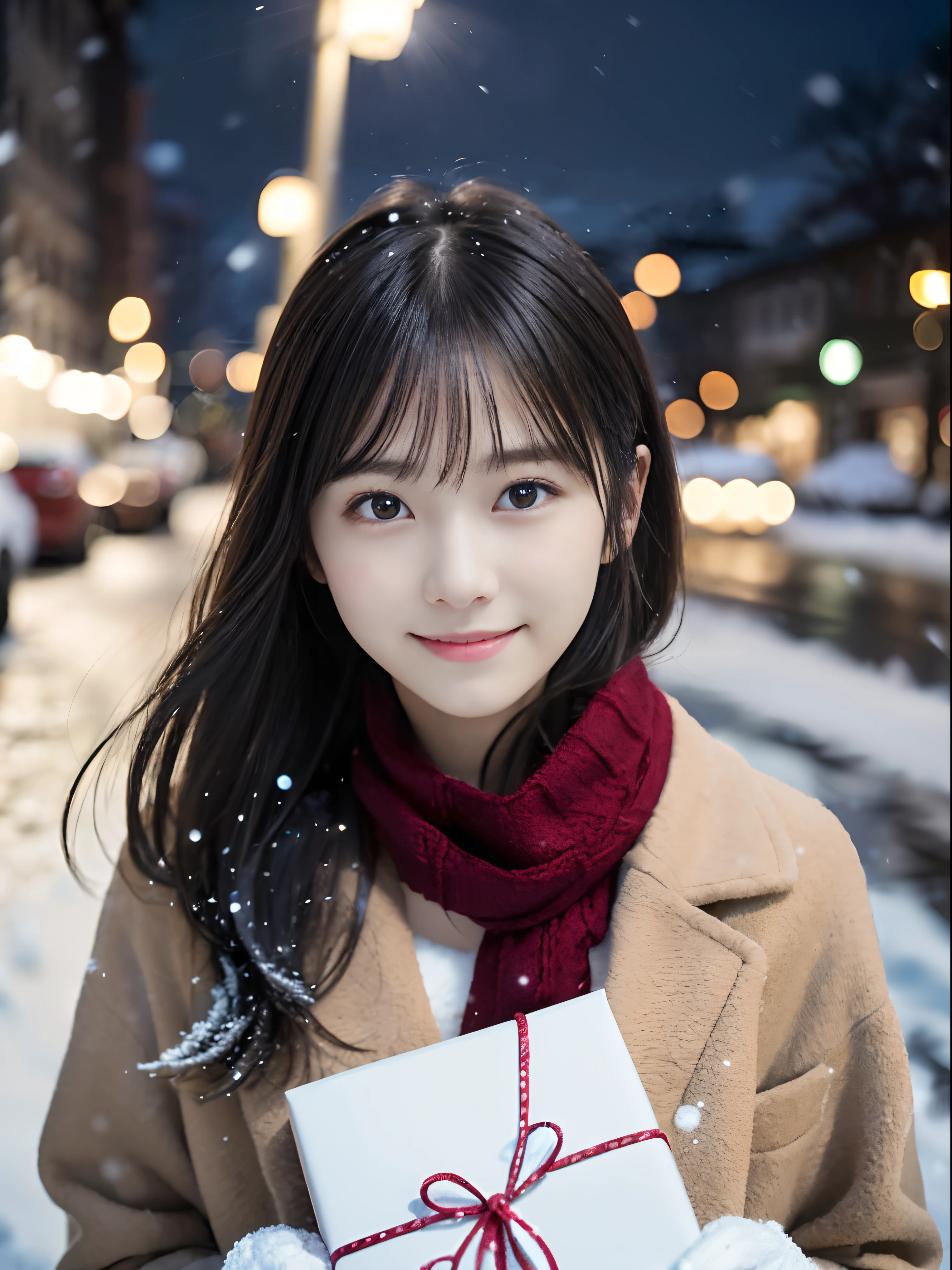 (Close-up portrait of one girl has long hair with dull bangs in a winter uniform and scarf coat:1.5)、(One girl with a shy smile has a gift box in hand  with gloves:1.5)、(Snowing winter night street corner with Christmas lights:1.5)、(Perfect Anatomy:1.3)、(No mask:1.3)、(complete fingers:1.3)、Photorealistic、Photography、masutepiece、top-quality、High resolution, delicate and pretty、face perfect、Beautiful detailed eyes、Fair skin、Real Human Skin、pores、((thin legs))、(Dark hair)