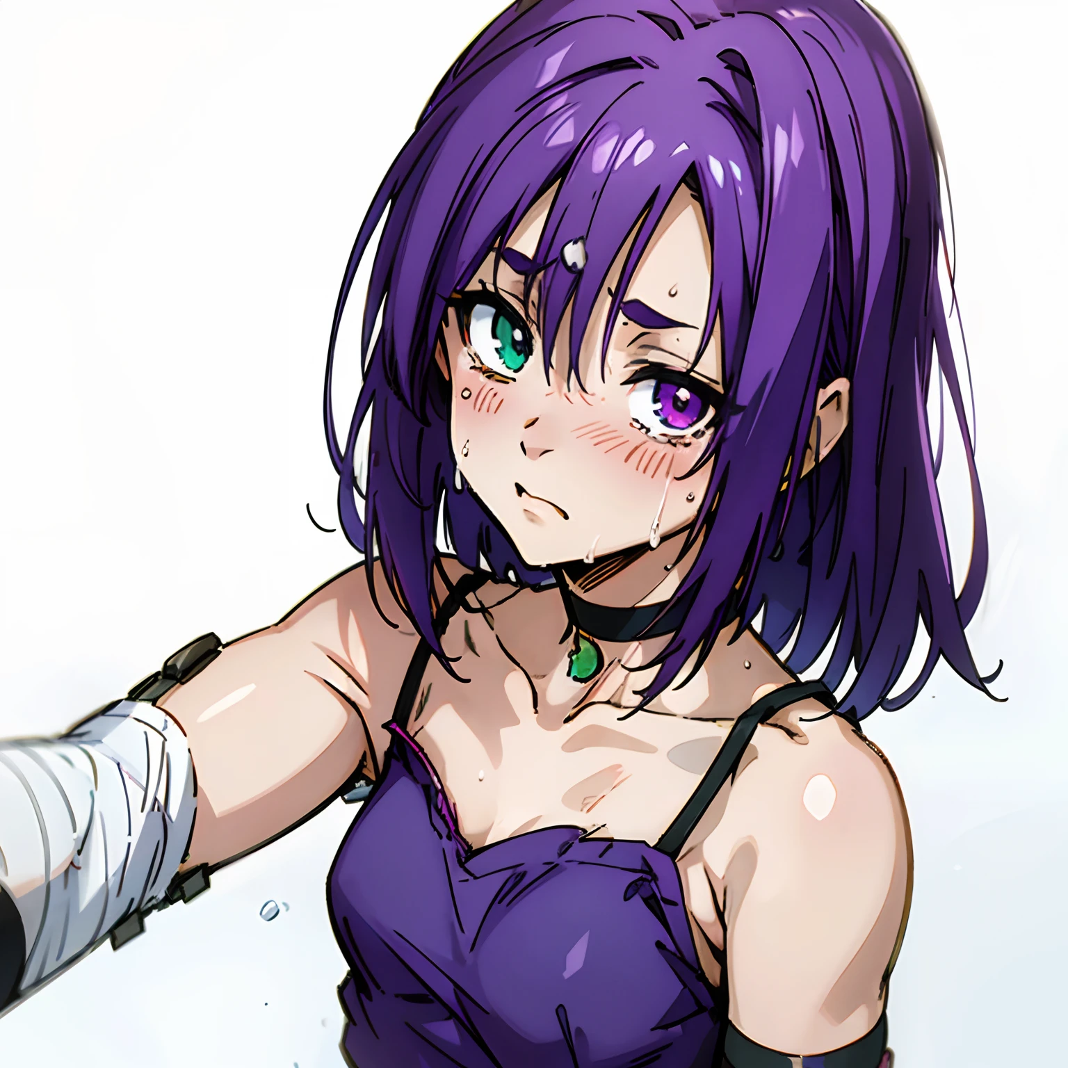 Masterpiece, Best quality, Ultra-detailed, Off-the-shoulder attire, Colorful,take up close, Hyper-detailing，purple color hair, reo mikage, bluelock, no sleeves, camisole, blue camisole, cheongsam, choker, arm warmers , bandages, scar, big breasts 1girl, Solo, sharpy face, heterochromia, green eyes, purple eyes, Bare neck, Tears, Crying face, red blush