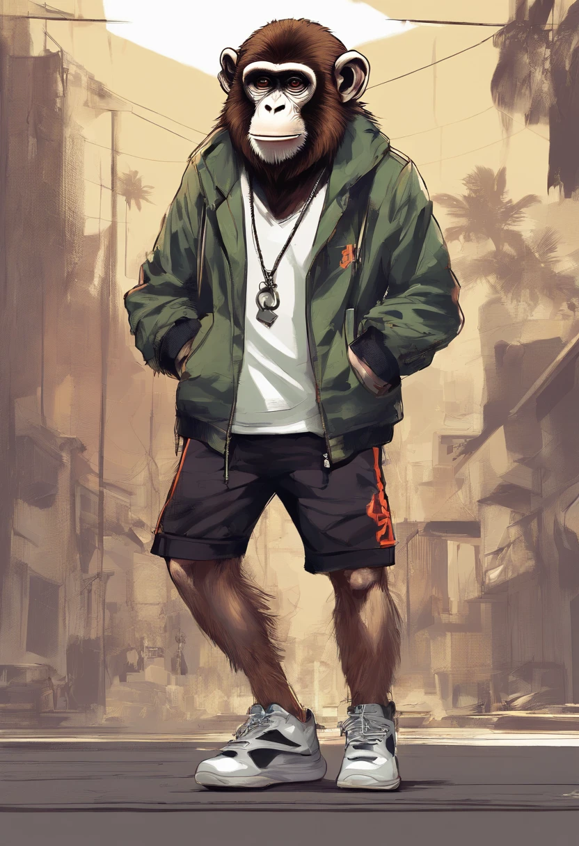 Monkey with jacket and shorts and a Nike sneaker wearing chain necklace, brinco pequeno nas orelhas fazendo a barba de outro macaco dentro de uma barbearia