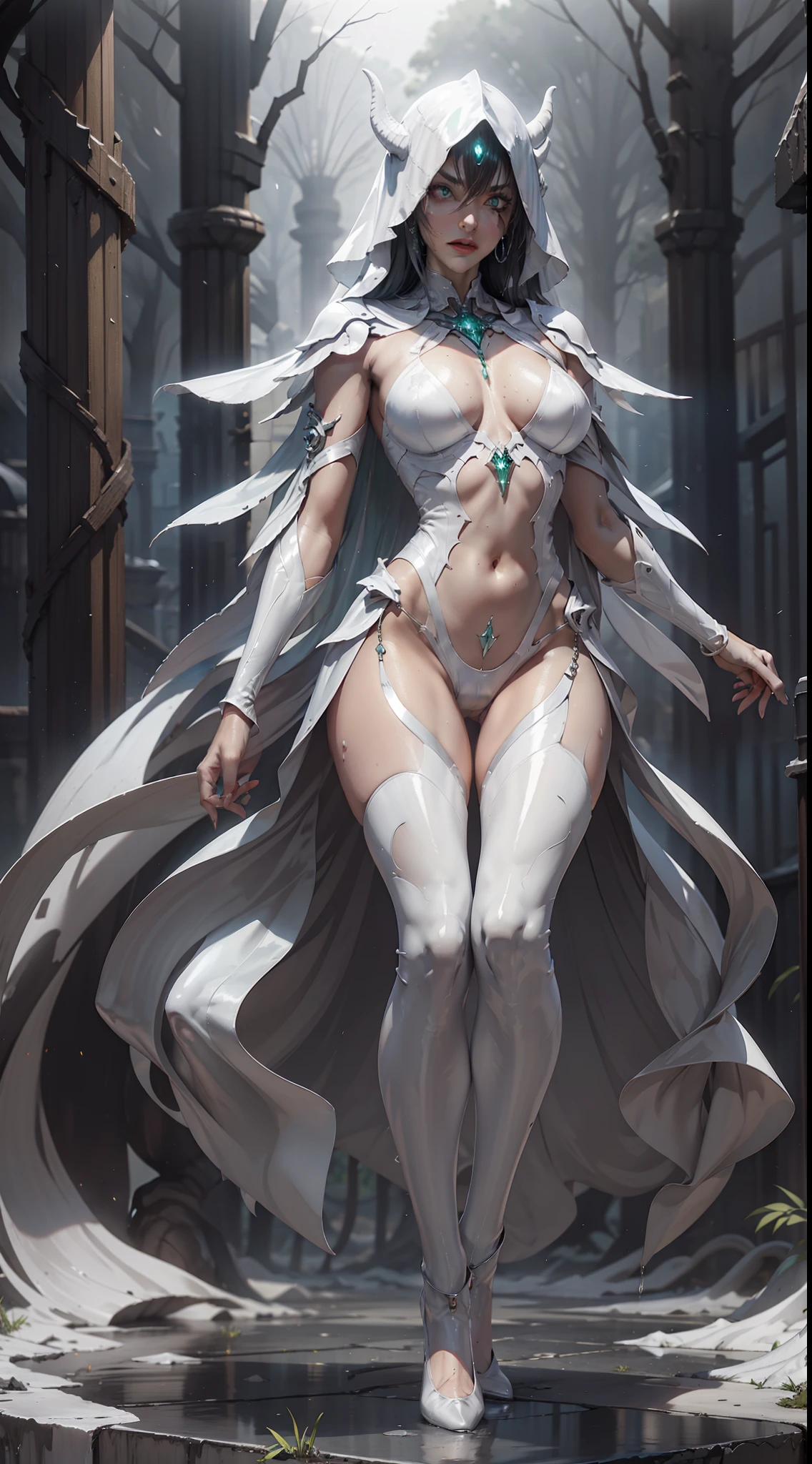 Full body like,(extremelydetailed8Kwallpaper),The terrifying necromancer in the shot,Ominous Shadows,Green smog,iintricate,high detal,dramatics,Full body like,camel-toe,Hollow-out on,sweat leggs,White liquid, Smooth pink skin, shiny metallic glossy skin, Shiny, spread their legs,angry look,white liquid all over body,Full body like,