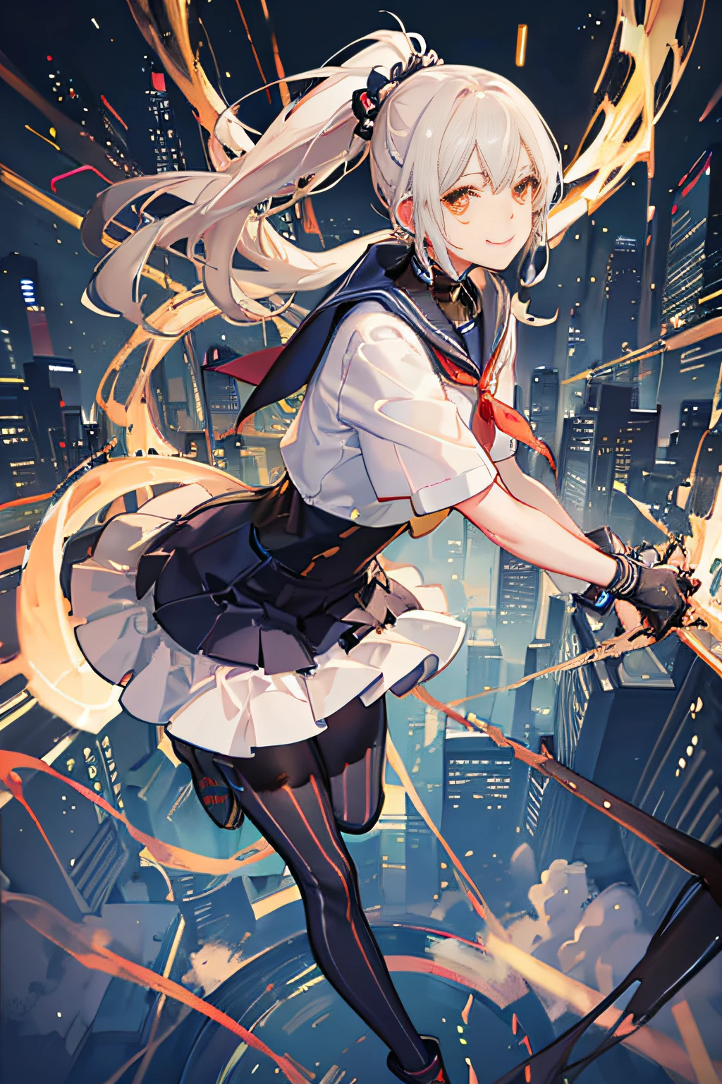 anime girl with white hair and black outfit flying through the air, an anime drawing inspired by Krenz Cushart, pixiv, conceptual art, nier autoamata, krenz cushart and artgerm, ayaka genshin impact, 2b nier automata, nier 2 b, detailed key anime art, gravity rush, digital art on pixiv