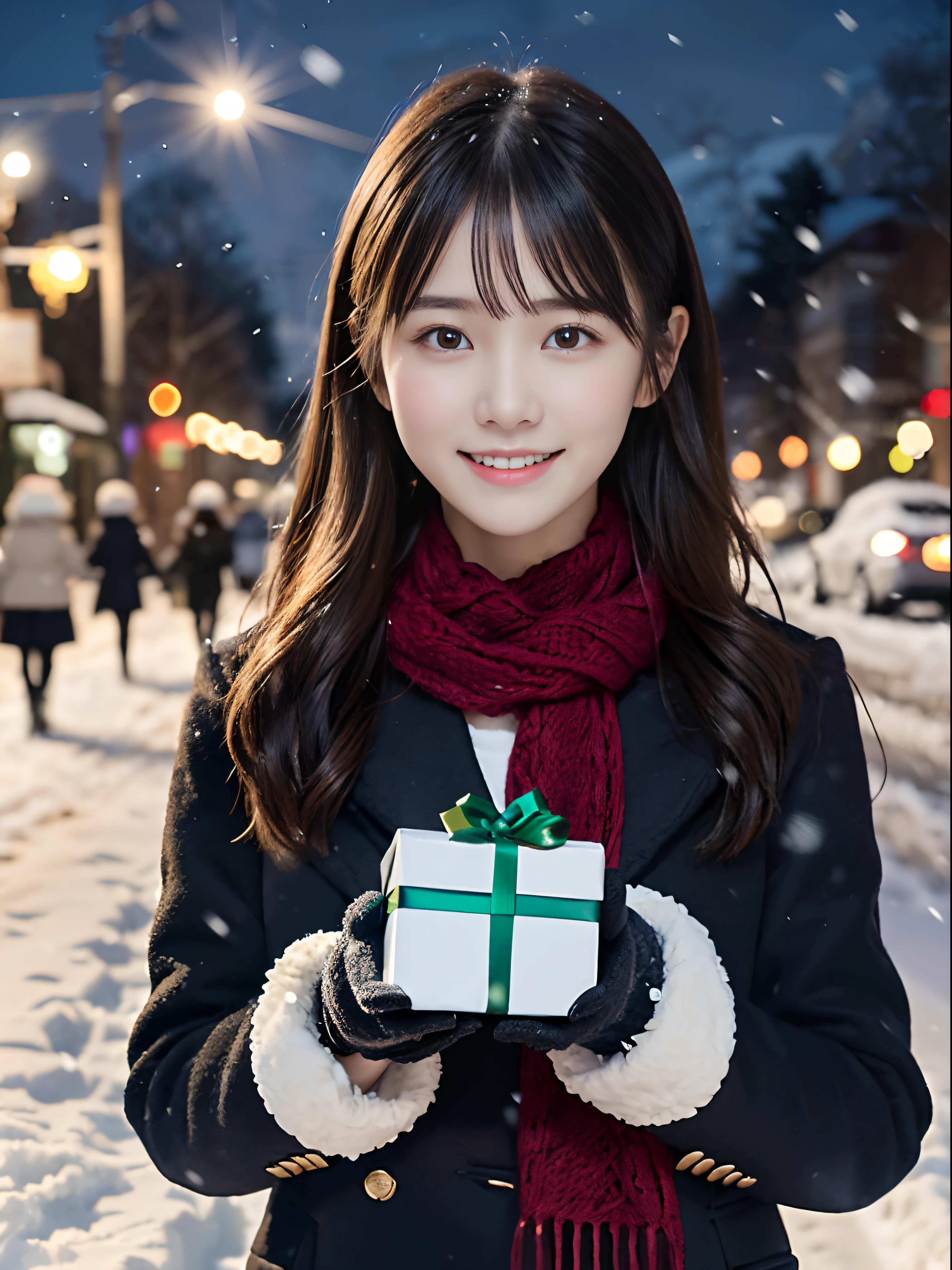 (Close-up portrait of one girl has long hair with dull bangs in a winter uniform and scarf coat:1.5)、(One girl with a shy smile has a gift box in hand with gloves:1.5)、(Snowing winter night street corner with Christmas lights:1.5)、(Perfect Anatomy:1.3)、(No mask:1.3)、(complete fingers:1.3)、Photorealistic、Photography、masutepiece、top-quality、High resolution, delicate and pretty、face perfect、Beautiful detailed eyes、Fair skin、Real Human Skin、pores、((thin legs))、(Dark hair)