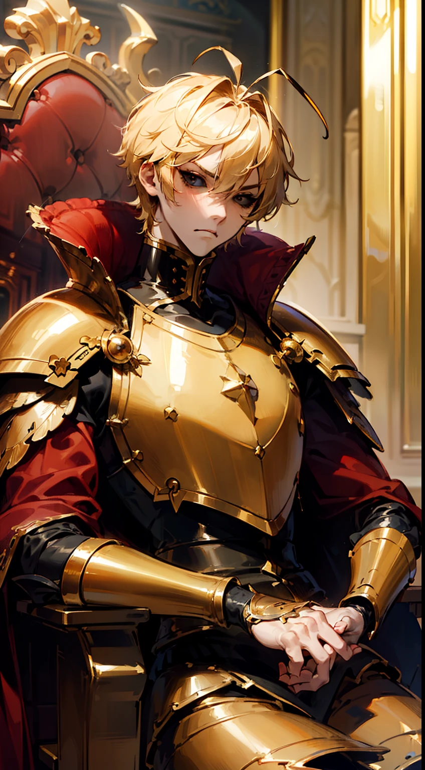 (Original Character,8k, Masterpiece, Best Quality,Detailed, Beautiful Detailed Eyes, solo),1boy,tall,fine skin,cowboy shot,(black eyes),black sclera,blonde hair,short hair,(((hair 2antennas)))(gold armor),red cape,sitting on the golden throne in room in castle,serious face,