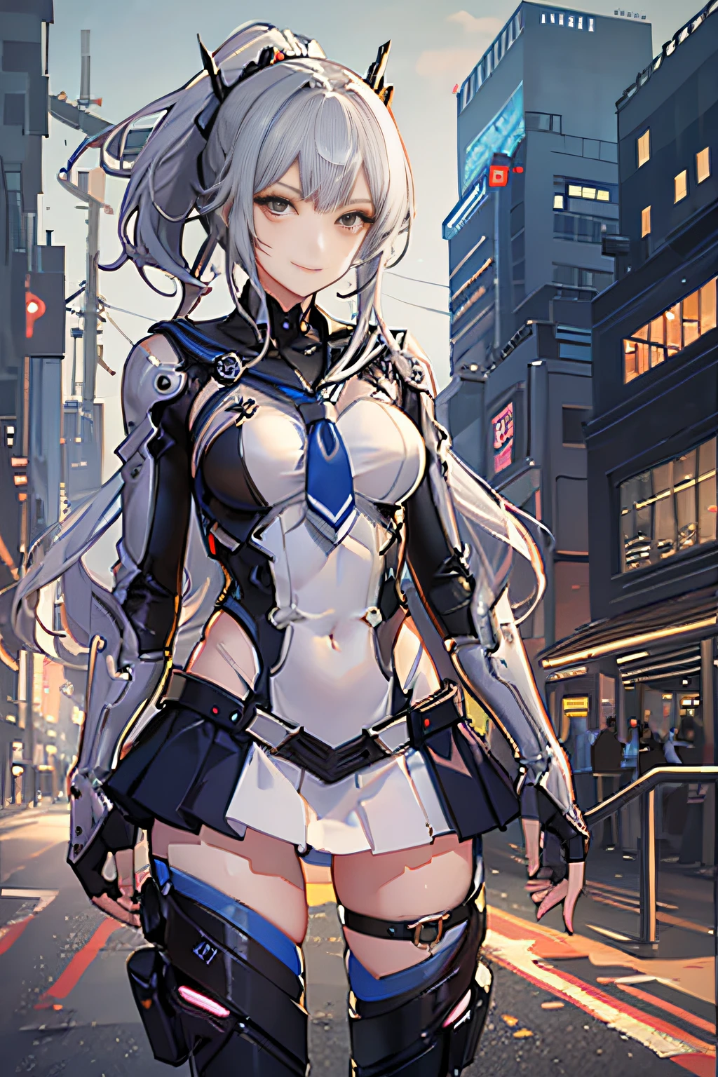 Cybernetic arm and glowing cyber girl,(J Women's Uniform,a sailor suit,White skirt,),Intense body movements,Add a motion blur effect to simulate motion,Stand on the streets of a desolate battlefield.Surrounded by a network of wires. Surrounded by a web of circuits. (Cyber Girl with Orange Glowing Sword:1.3), Glossy light brown and orange striped shorthair,disheveled ponytail,Cute smile,Perfect round face,Black eyes,A cheerful smile that makes the viewer happy,Proper body proportion,Intricate details,Very delicate and beautiful hair,photos realistic,Dreamy,Professional Lighting,realistic shadow,Solo Focus,Beautiful hands,Beautiful fingers,Detailed finger features,detailed clothes features,Detailed hair features,detailed facial features,(masutepiece,top-quality,Ultra-high resolution output image,) ,(The 8k quality,),(Image Mode Ultra HD,),(Image Mode Ultra HD,),(SeaArt2 Mode.1:1.3),Science fiction fantasy