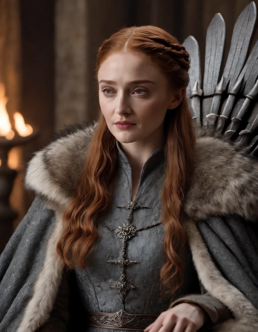 Sansa stark sitting on her throne in Winterfell, ruler of the Winterfell, portray his power and authority