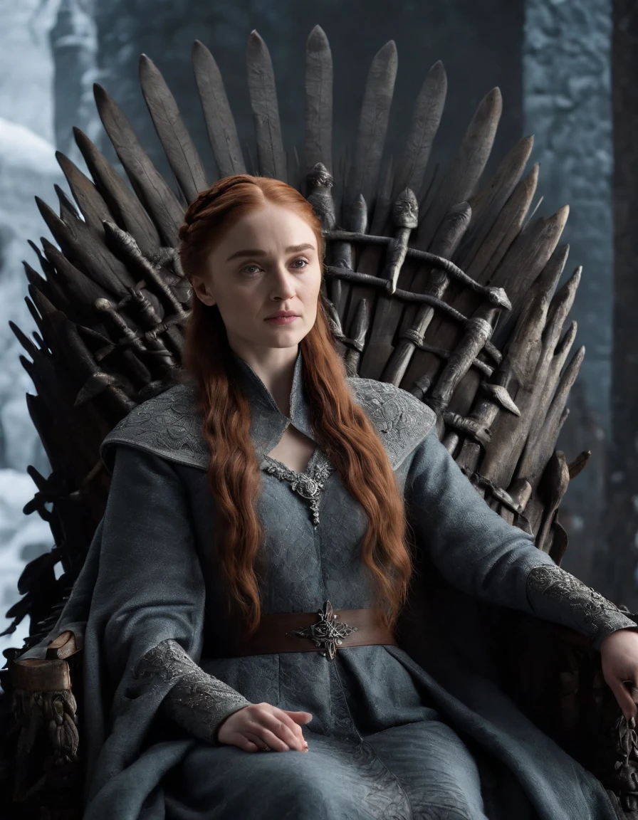 Sansa stark sitting on her throne in Winterfell, ruler of the Winterfell, portray his power and authority