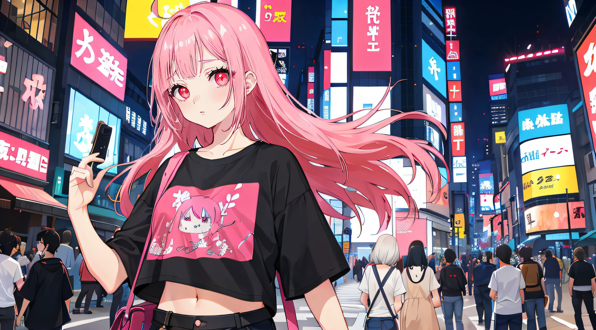 a girl, cabelo rosa, blusa preta decotada, seios grandes, blusa curta com mangas pequenas, camiseta branca, flat stomach showing, Mamas Mostrando, on the street in Tokyo, Cyberpunk, Noite, Luzes, estilo anime, de frente
