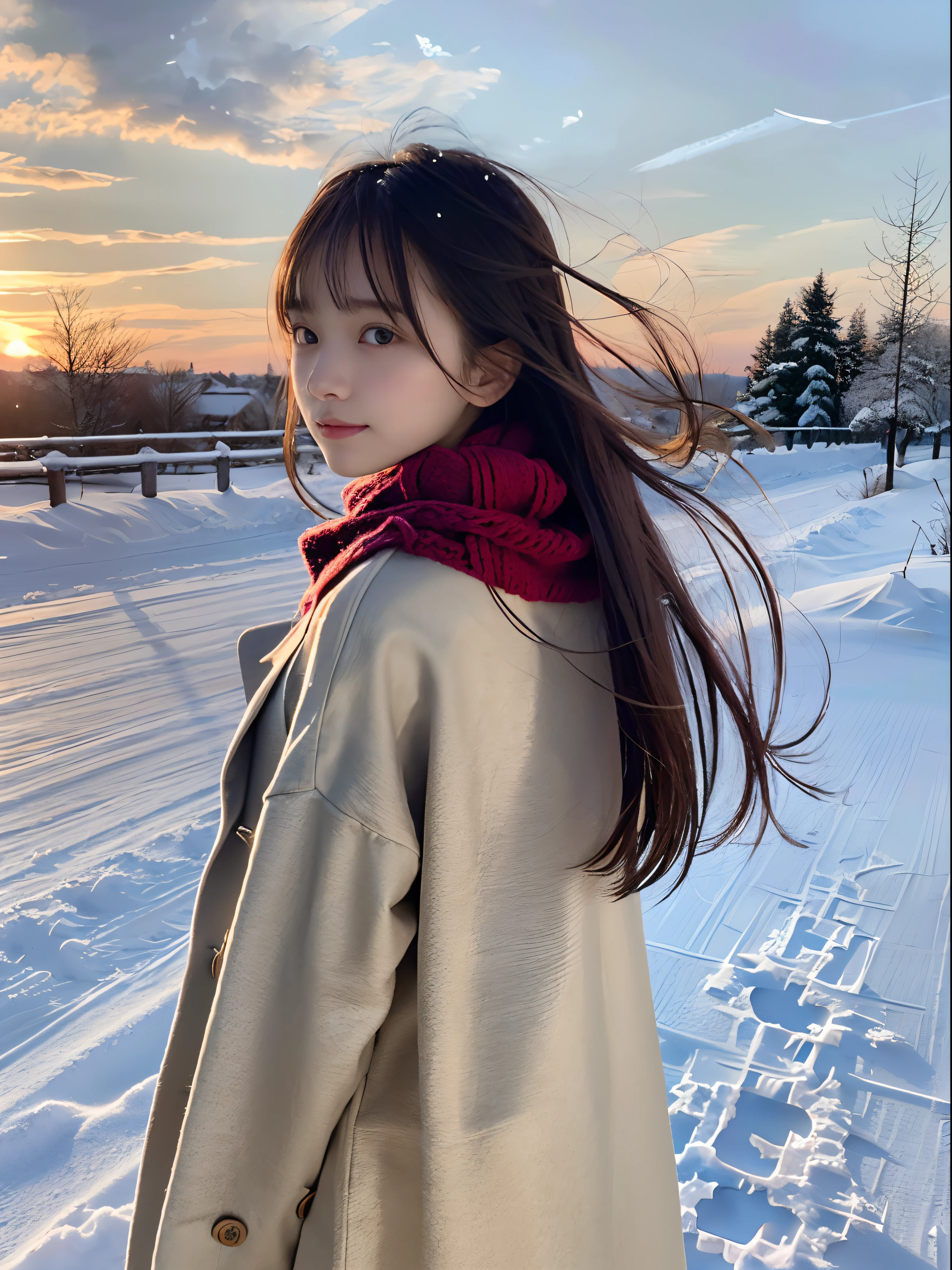 (A close-up portrait from behind of one slender girl has long hair with blunt bangs and a scarf coat in winter uniform:1.5)、(One girl turned around with a sad face with hair fluttering in the wind :1.3)、(Beautiful snowy sunset full red sky:1.5)、(Perfect Anatomy:1.3)、(No mask:1.3)、(complete fingers:1.3)、Photorealistic、Photography、masutepiece、top-quality、High resolution, delicate and pretty、face perfect、Beautiful detailed eyes、Fair skin、Real Human Skin、pores、((thin legs))、(Dark hair)