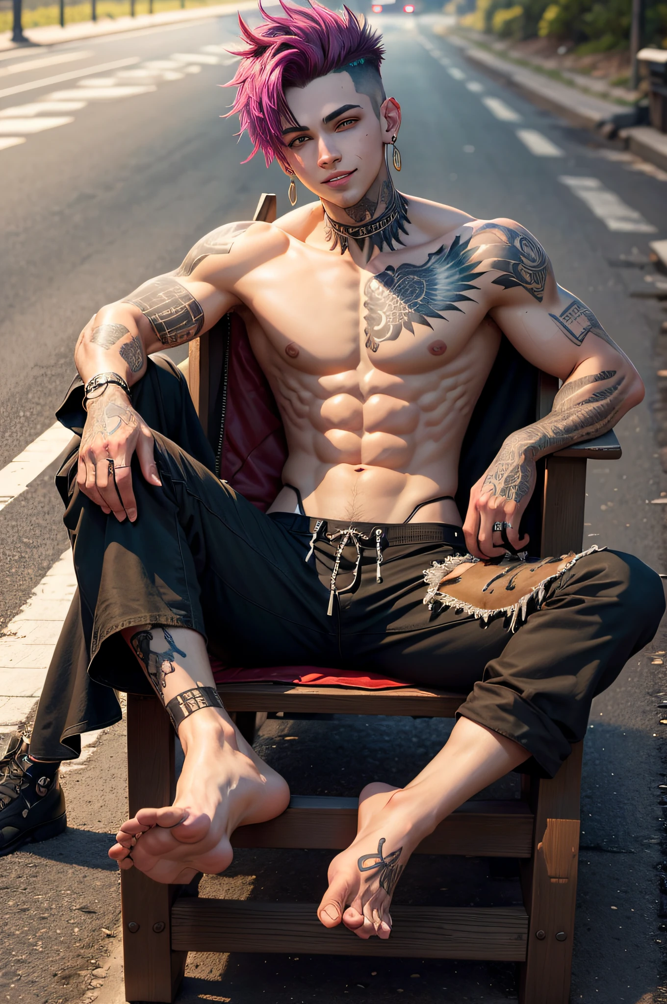 image of the highest quality, masterpiece, (detailed: 1,4), perfect drawing, boy, tattoo on the sides, shirtless, belly with muscles, ripped pants, sitting, scrap throne, in the middle of the road, cyberpunk hair , two hair colors, long earrings, sarcastic smile, golden teeth