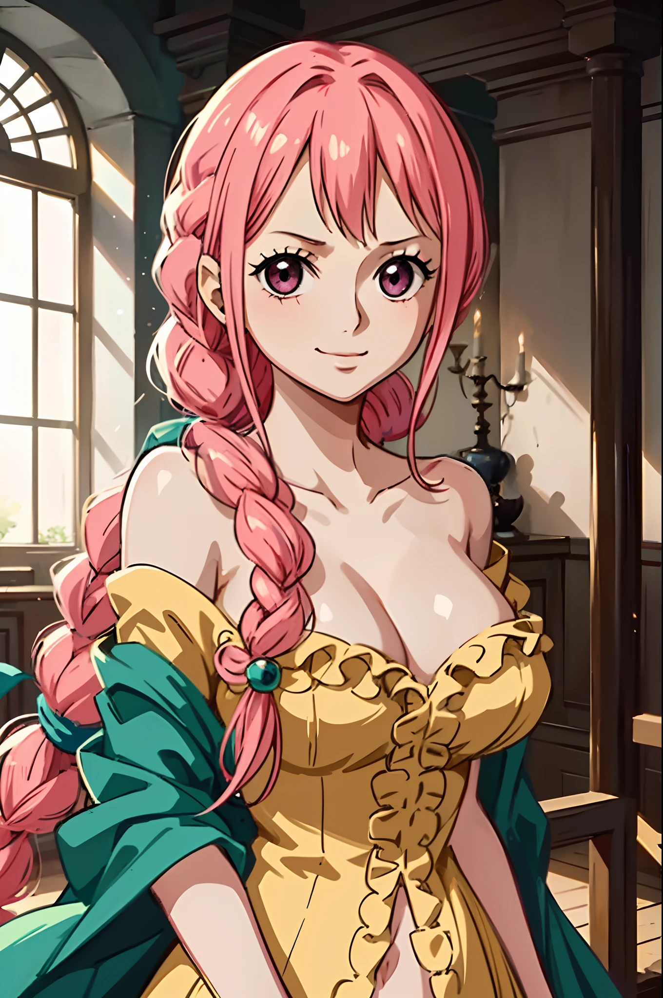 (masterpiece), Rebecca_onepiece, one-girl,  little breast, ((long hair)), ((hair down)), noble clothes, ((beautiful face)), (off shoulder: 1.2), looking at viewer, smile, blush, cute pose, indoor, standing, upper body