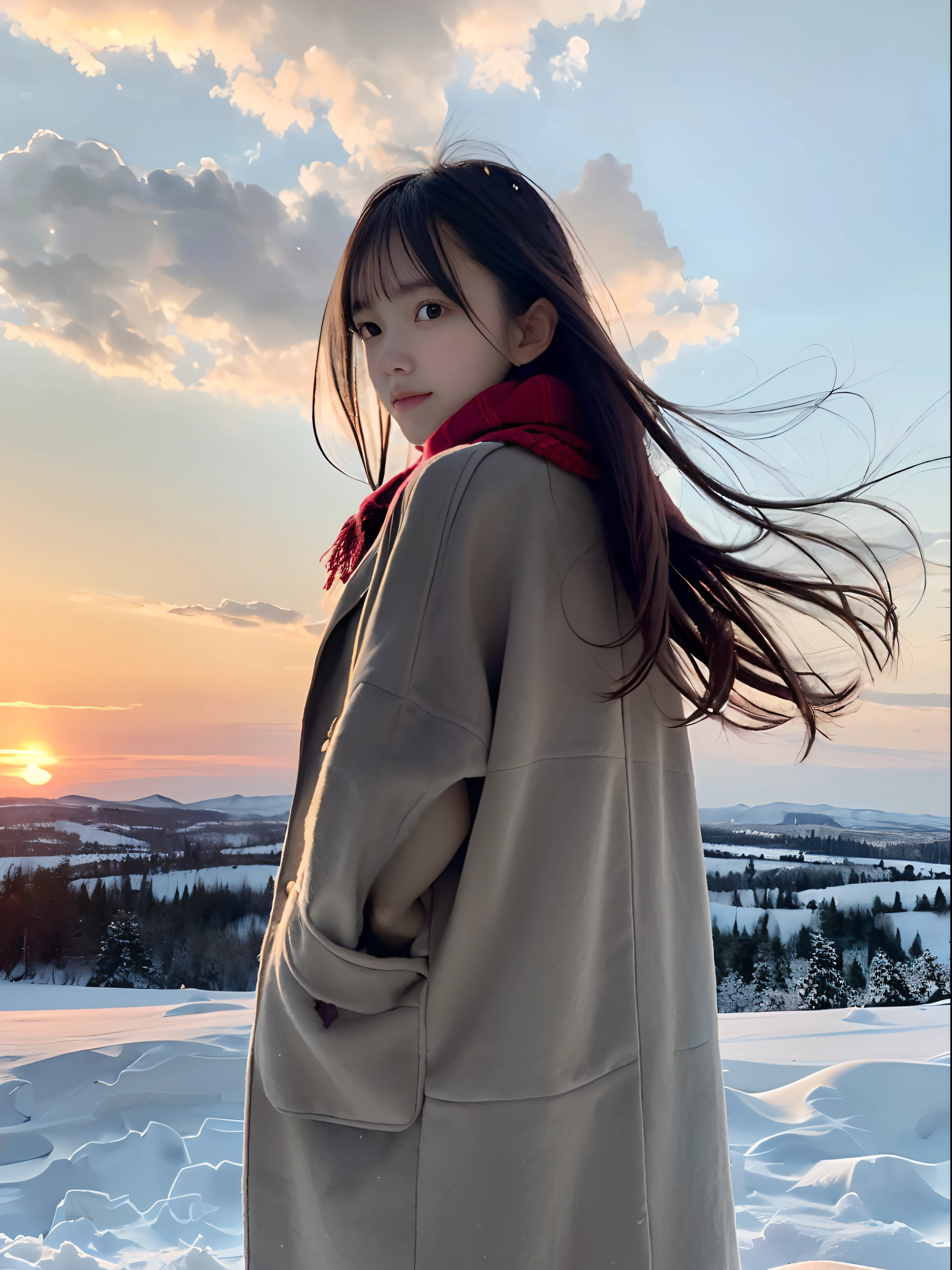 (A close-up portrait from behind of one slender girl has long hair with blunt bangs and a scarf coat in winter uniform:1.5)、(One girl turned around with a sad face with hair fluttering in the wind :1.3)、(Beautiful snowy sunset full red sky:1.5)、(Perfect Anatomy:1.3)、(No mask:1.3)、(complete fingers:1.3)、Photorealistic、Photography、masutepiece、top-quality、High resolution, delicate and pretty、face perfect、Beautiful detailed eyes、Fair skin、Real Human Skin、pores、((thin legs))、(Dark hair)
