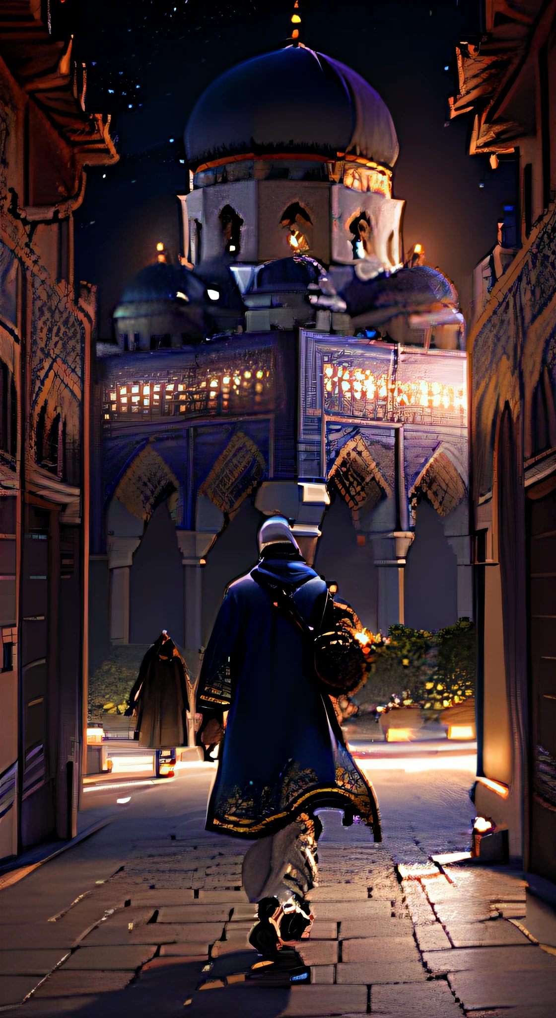 big moon, stars, amazing starts, muslim man walking down a street in front of a mosque, detailed cinematic shot,  beautiful and cinematic lighting, detailed cinematic render, fantastic screenshot art, stylized concept art, cinematic matte illustration, rendered in nvidia's omniverse, (octane render) fantasy style, video game screenshot>, 3 d stylize scene, cinematic digital painting