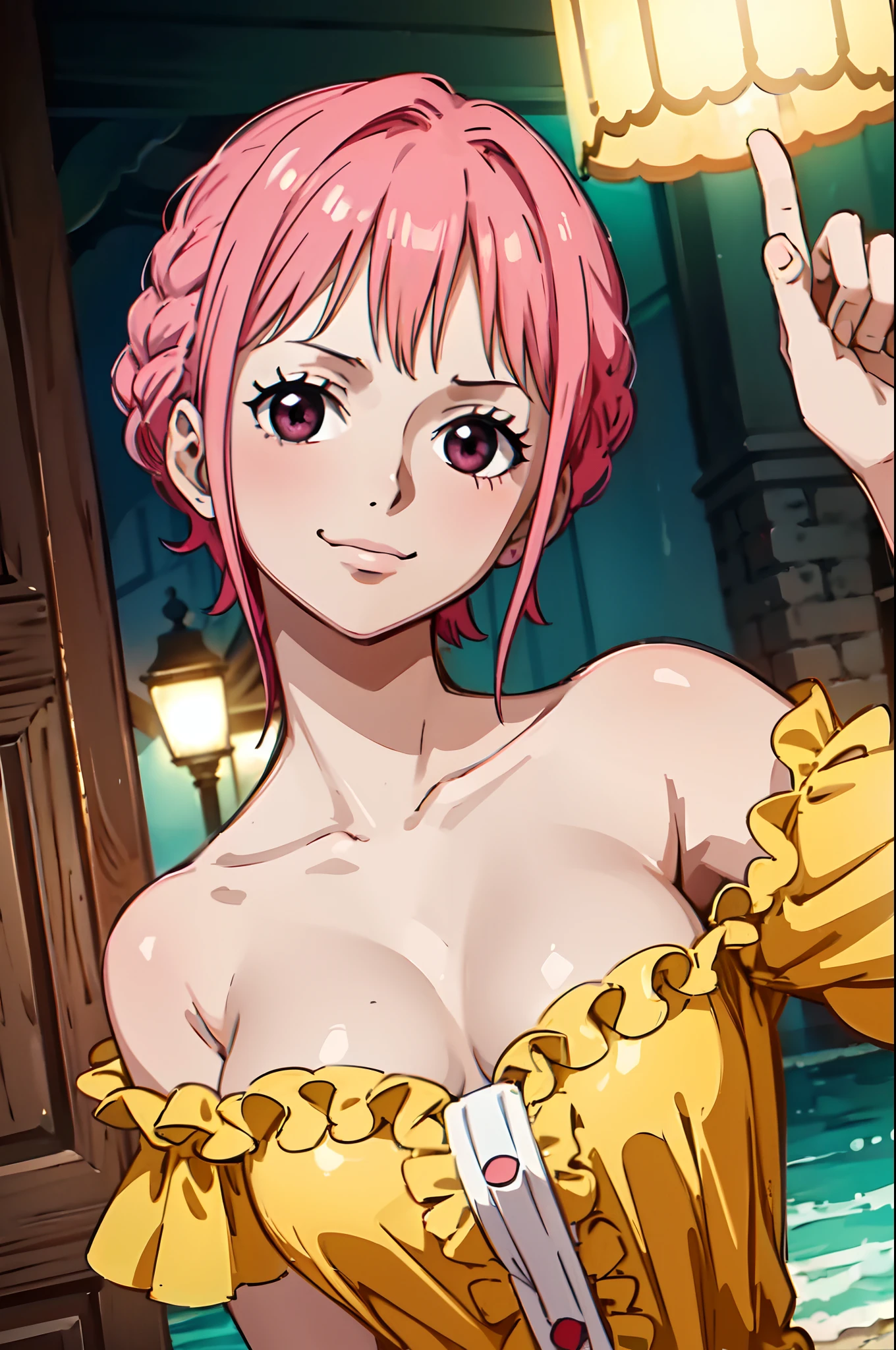 (masterpiece), Rebecca_onepiece, one-girl,  little breast, ((short hair)), ((hair down)), noble clothes, ((beautiful face)), (off shoulder: 1.2), looking at viewer, smile, blush, cute pose, indoor, standing, upper body