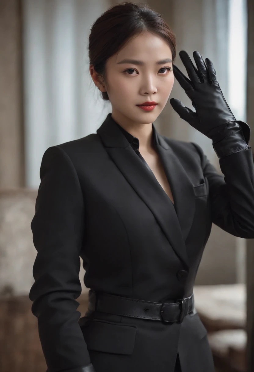 The shirt is also black、Wearing a black man's three-piece suit、Japan woman in black leather gloves