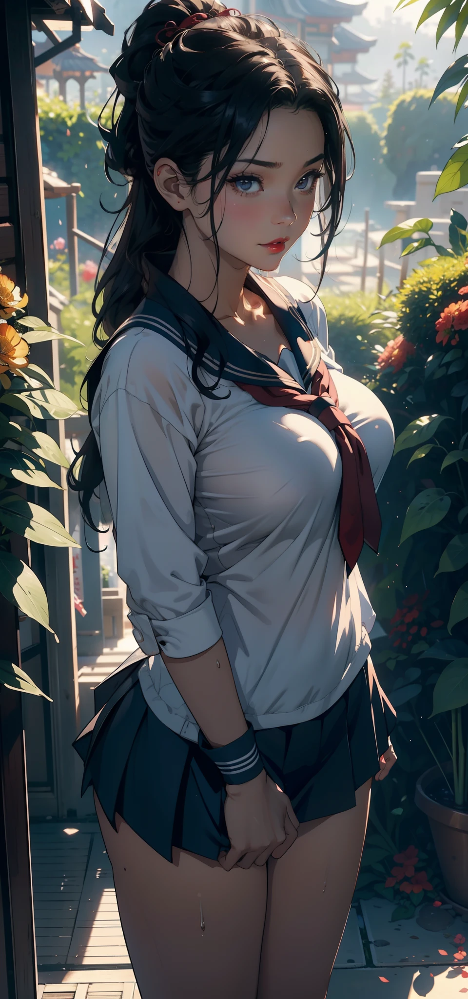 1female,35yo,A MILF,熟妇,mature,plumw,Slim,Large breasts,long leges,Big breasts Thin waist,Pornographic exposure, 独奏,(Background with:bamboo forrest,Stand in a sea of flowers,in summer) She has short black hair,standing on your feet,Sweat profusely,drenched all over the body,seen from the front, High ponytail, mostly cloudy sky,(((tmasterpiece),(Very detailed CG unity 8K wallpaper),best qualtiy,cinmatic lighting,detailed back ground,beatiful detailed eyes,Bright pupils,(Very fine and beautiful),(Beautiful and detailed eye description),ultra - detailed,tmasterpiece,)),facing at camera,A high resolution,ultra - detailed),revealing breasts,Bare genitalia, Bulge,Camel toes,Raised sexy,Flushed complexion,Redlip,frontage,elementary student(Wearing:Sailor uniform,Black socks,)nakeness,upper body photos
