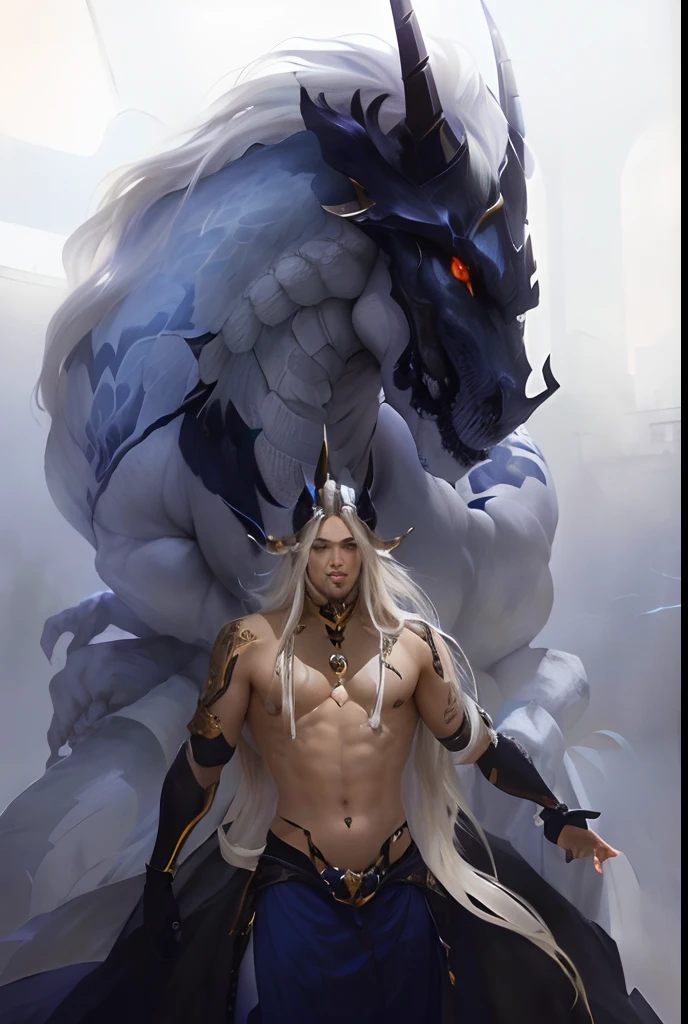 uma pintura de um homem com uma espada ao lado de um grande monstro, human and dragon fusion, Fit male demon with white horns, arte conceitual de deus, centauro macho centauro quimera, por Yang J, Mito grego pintura digital, Directed by: Li Zai, Ross Tran e Bayard Wu, Hidari e Vlop