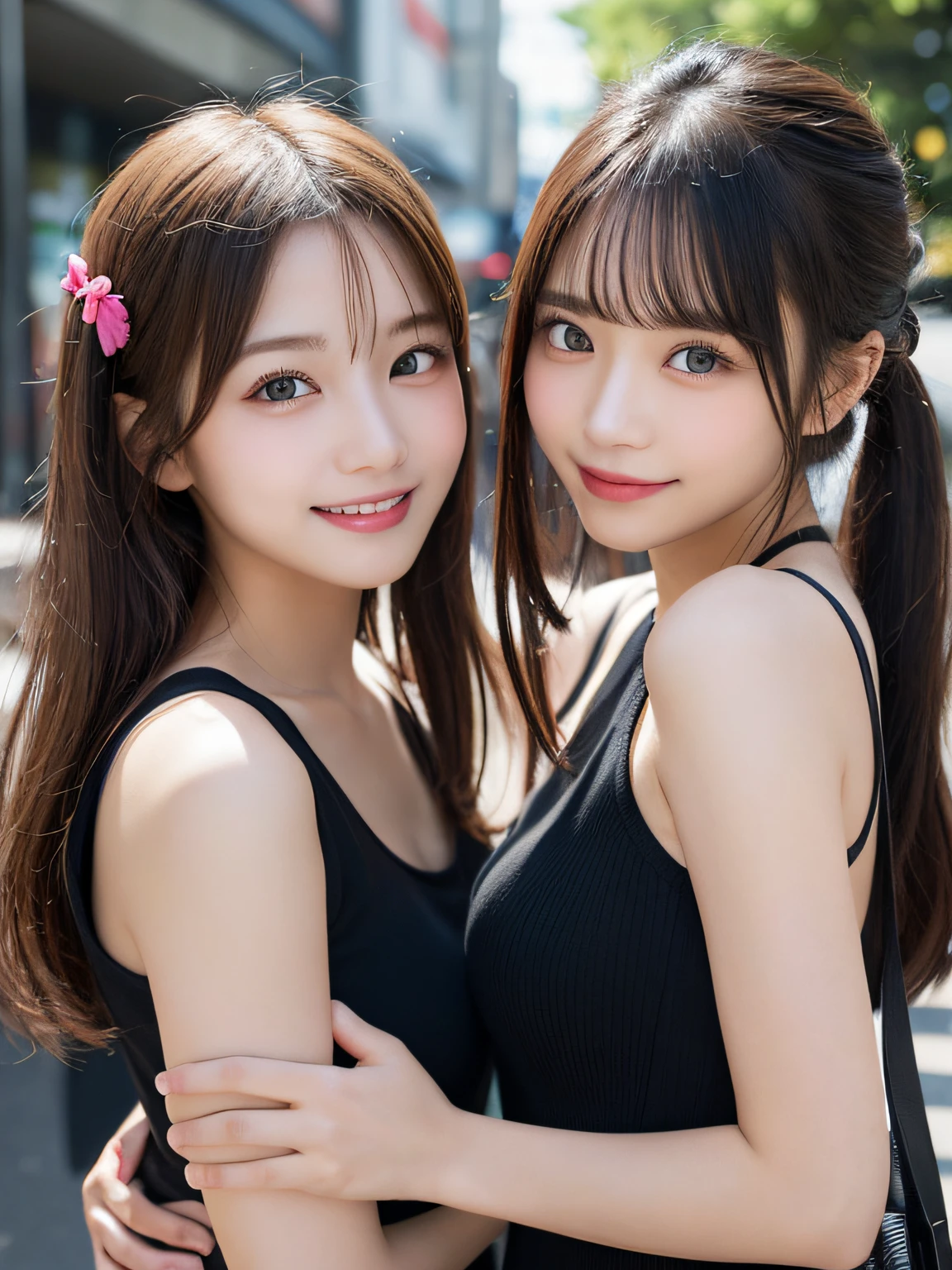 masutepiece, 2 girls in、Best Quality, Illustration, Ultra-detailed, finely detail, hight resolution, 8K Wallpaper, Perfect dynamic composition, Beautiful detailed eyes, Women's Fashion,Natural Color Lip, twin-tail hair. Bold sexy poses,Smile,Harajuku、17 years old girl、Cute、Sexy shot looking at camera,