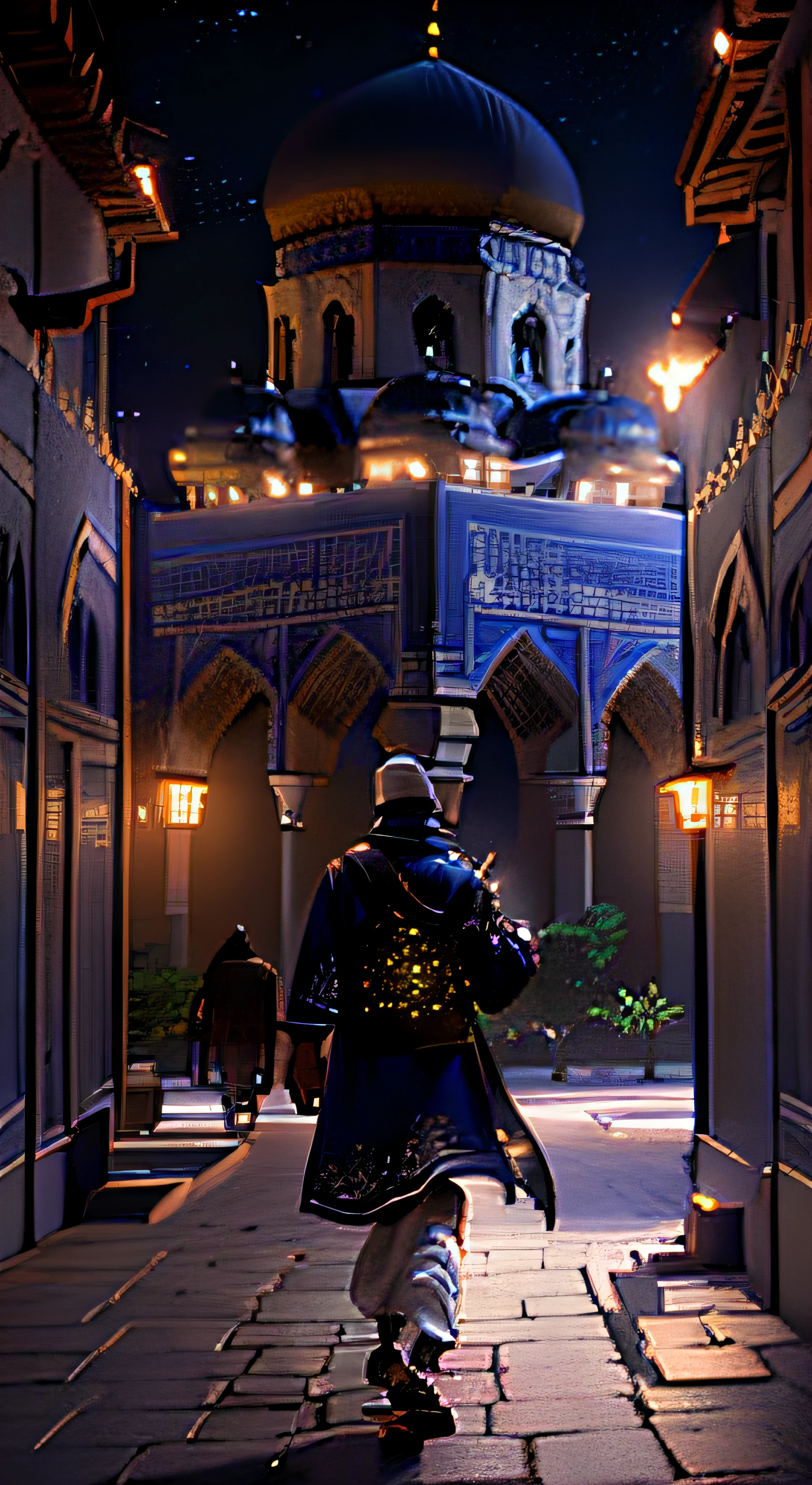 big moon, stars, amazing starts, muslim man walking down a street in front of a mosque, detailed cinematic shot,  beautiful and cinematic lighting, detailed cinematic render, fantastic screenshot art, stylized concept art, cinematic matte illustration, rendered in nvidia's omniverse, (octane render) fantasy style, video game screenshot>, 3 d stylize scene, cinematic digital painting