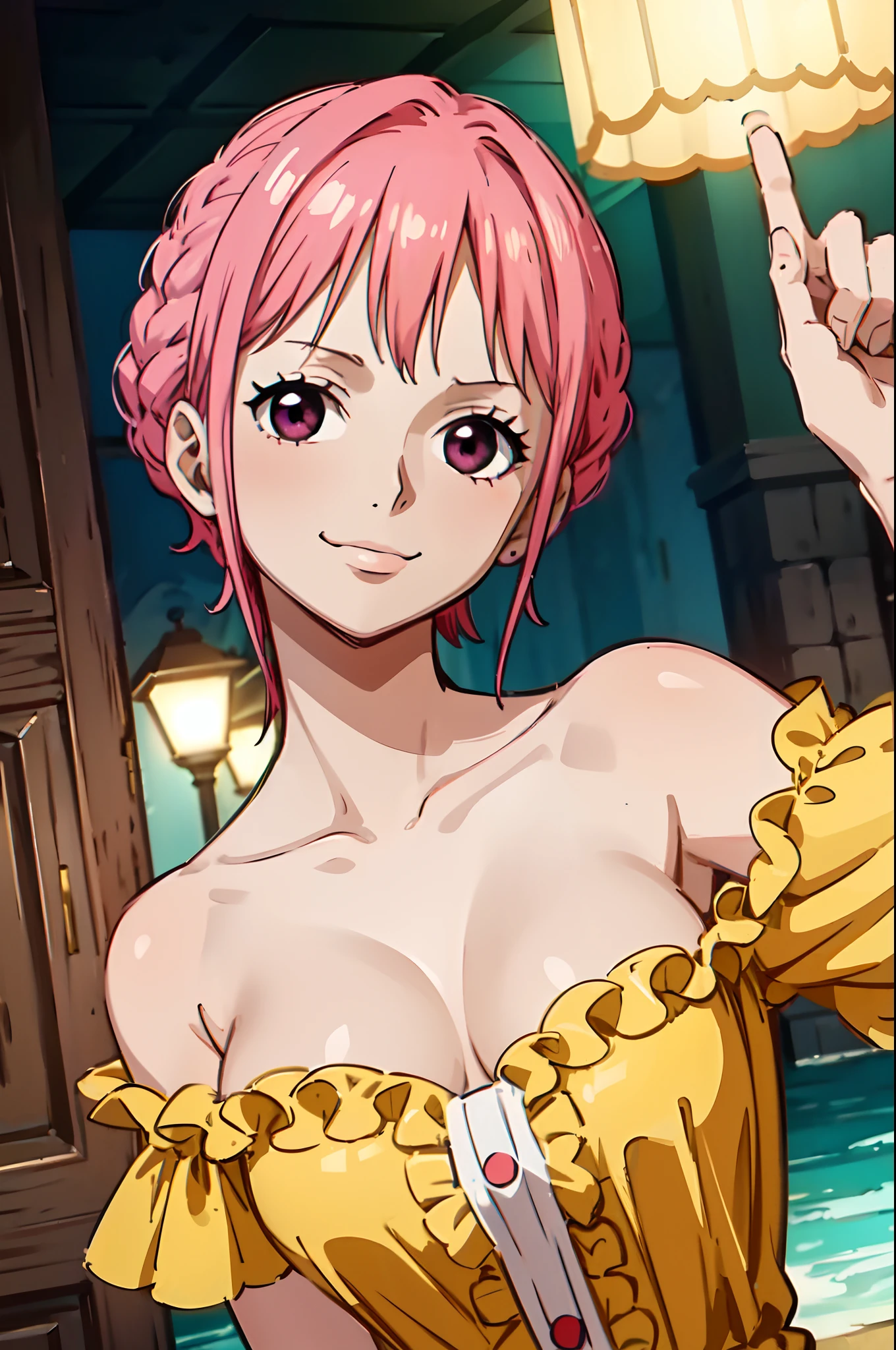 (masterpiece), Rebecca_onepiece, one-girl,  little breast, ((short hair)), ((hair down)), noble clothes, ((beautiful face)), (off shoulder: 1.2), looking at viewer, smile, blush, cute pose, indoor, standing, upper body