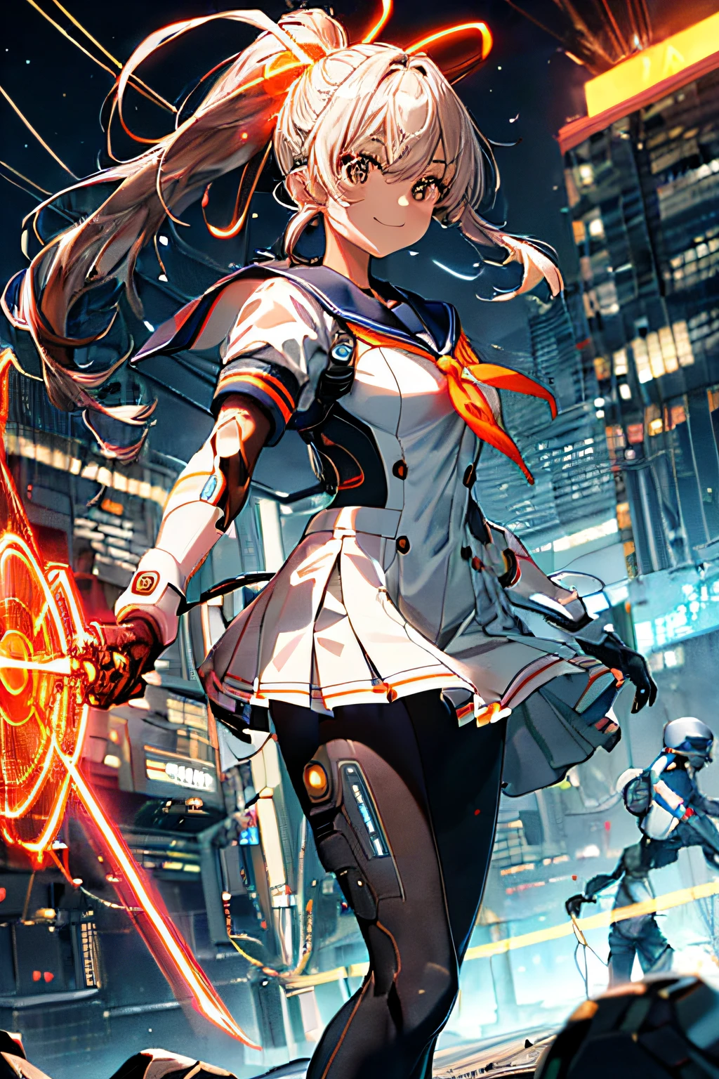 Cybernetic arm and glowing cyber girl,(J Women's Uniform,a sailor suit,White skirt,),Intense body movements,Add a motion blur effect to simulate motion,Stand on the streets of a desolate battlefield.Surrounded by a network of wires. Surrounded by a net of orange LED circuits. (Cyber Girl with Orange Glowing Sword:1.3), shiny silver shorthair,disheveled ponytail,,Cute smile,Perfect round face,Black eyes,A cheerful smile that makes the viewer happy,Proper body proportion,Intricate details,Very delicate and beautiful hair,photos realistic,Dreamy,Professional Lighting,realistic shadow,Solo Focus,Beautiful hands,Beautiful fingers,Detailed finger features,detailed clothes features,Detailed hair features,detailed facial features,(masutepiece,top-quality,Ultra-high resolution output image,) ,(The 8k quality,),(Image Mode Ultra HD,),(Image Mode Ultra HD,),(Sea Art 2 Mode.1:1.3),Science fiction fantasy