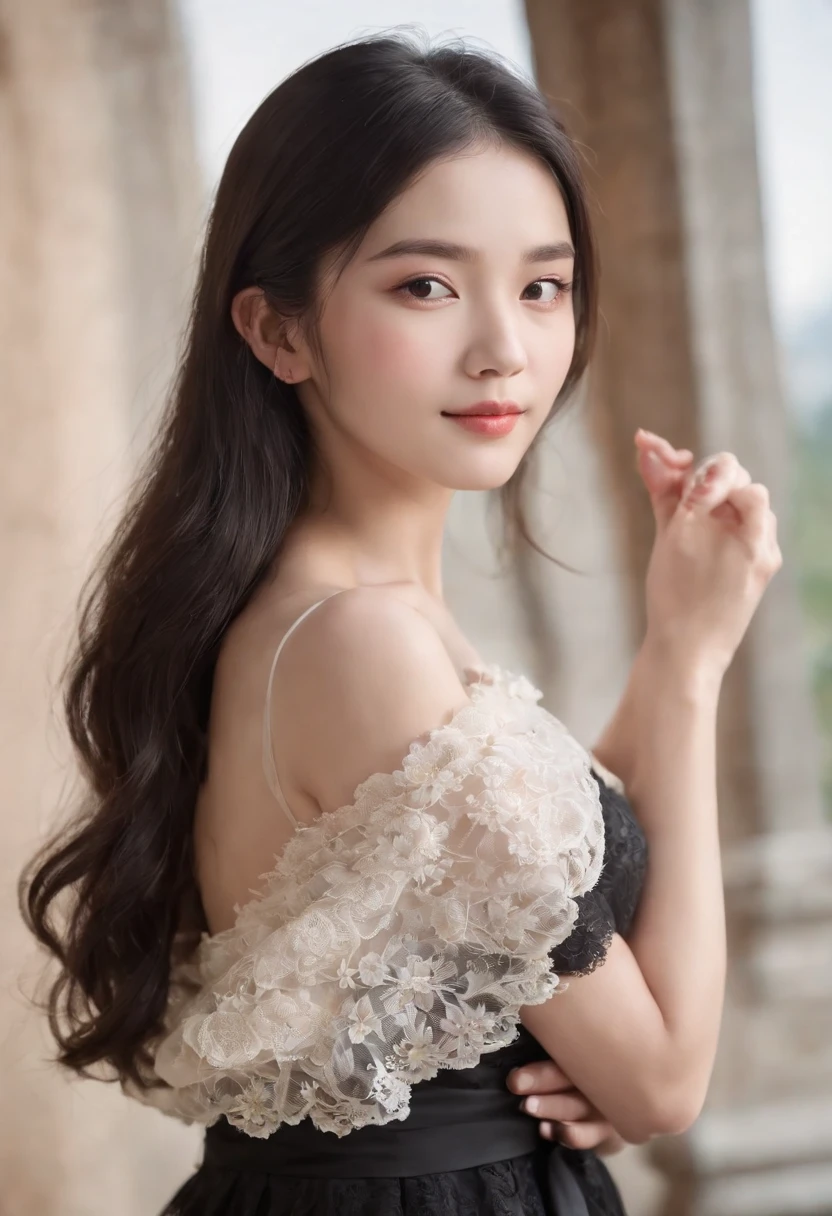 (Best quality, 8K, masterpiece:1.3)) , (one person: 1.4), 1girl, a Korean woman, a goddess, 25 years old, portrait photography, high contrast, God perspective, aperture F1.2, focal length 24mm, ( Full body: 1.2), smile, pose for photos, fine lace, slip dress, simple cut dress, brand dress, simple cut, long black hair, hair tied up, super detailed skin details, detailed fabric texture