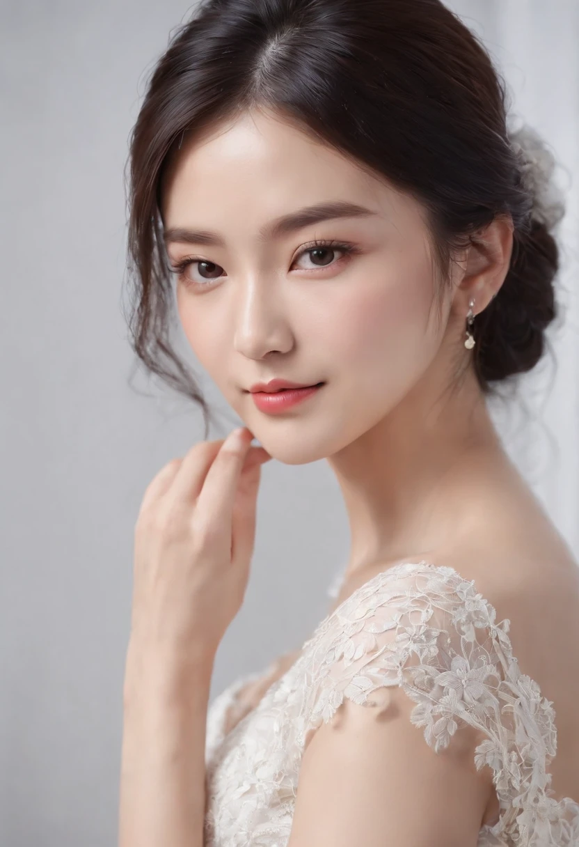 (Best quality, 8K, masterpiece:1.3)) , (one person: 1.4), 1girl, a Korean woman, a goddess, 25 years old, portrait photography, high contrast, God perspective, aperture F1.2, focal length 24mm, ( Full body: 1.2), smile, pose for photos, fine lace, slip dress, simple cut dress, brand dress, simple cut, long black hair, hair tied up, super detailed skin details, detailed fabric texture