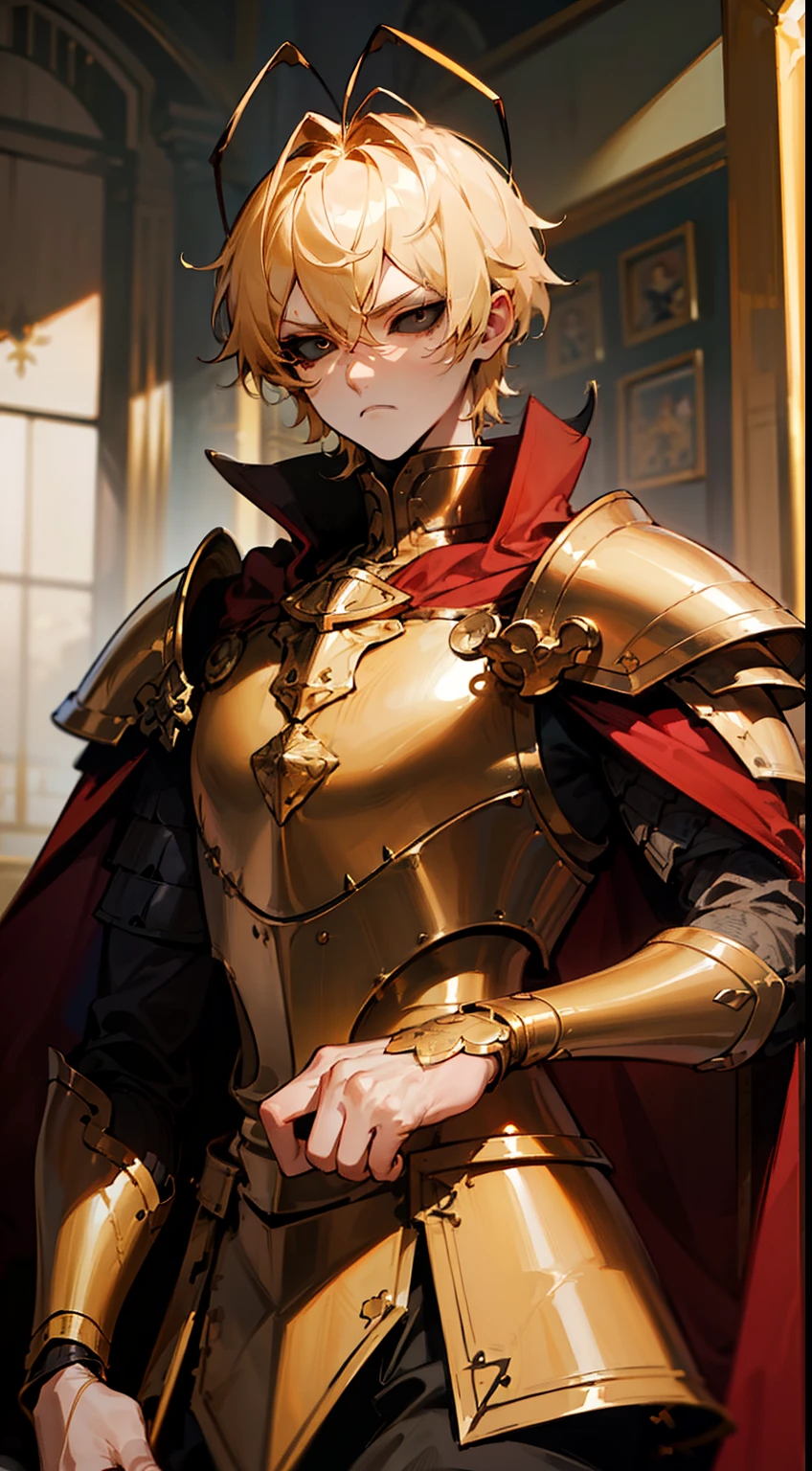 (Original Character,8k, Masterpiece, Best Quality,Detailed, Beautiful Detailed Eyes, solo),1boy,tall,fine skin,cowboy shot,(black eyes),black sclera,blonde hair,short hair,(((hair 2antennas)))(gold armor),red cape,sitting on the golden throne in room in castle,serious face,