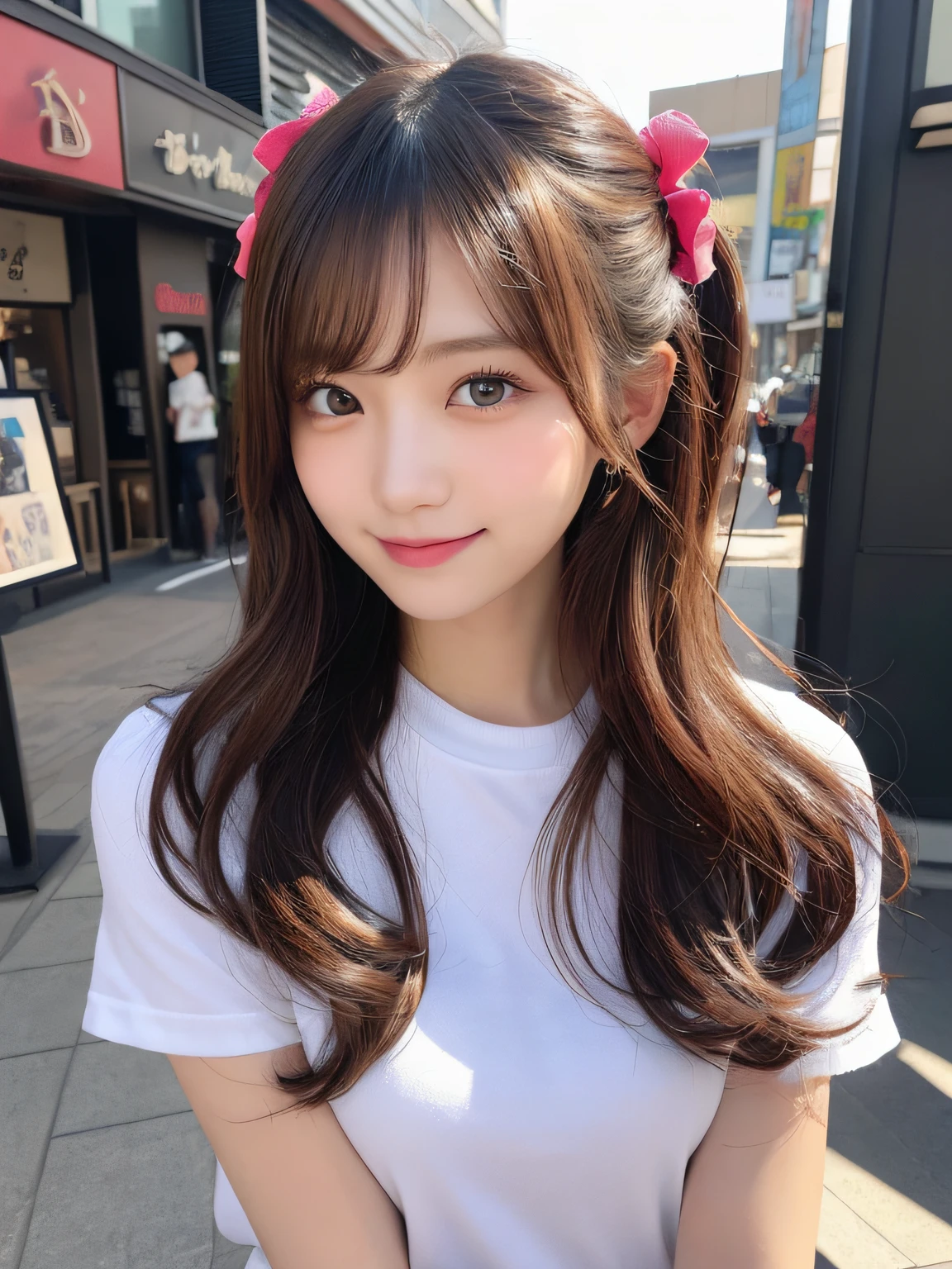 masutepiece, 2 girls in、Best Quality, Illustration, Ultra-detailed, finely detail, hight resolution, 8K Wallpaper, Perfect dynamic composition, Beautiful detailed eyes, Women's Fashion,Natural Color Lip, twin-tail hair. Bold sexy poses,Smile,Harajuku、 girl、Cute、Sexy shot looking at camera,