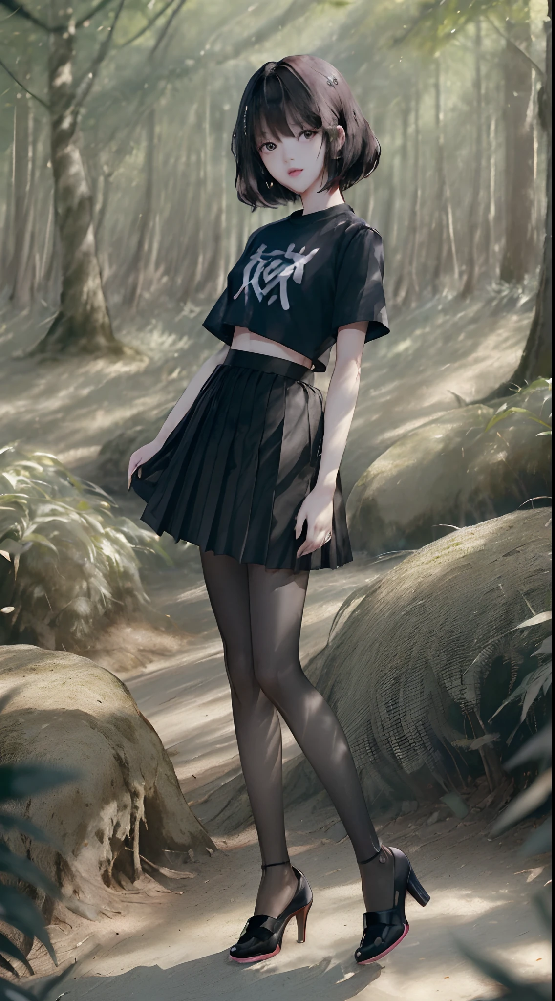 ((Lisa from Blackpink)), t-shirt, tiny pleated skirt, waist-high black tights, high heels, close-up of face, full body shot, very fair skin, short hair, wavy hair, camp, forest, photorealistic , indirect lighting, volumetric light, ray tracing, hyper-detailed, best quality, high resolution, HDR, 8k