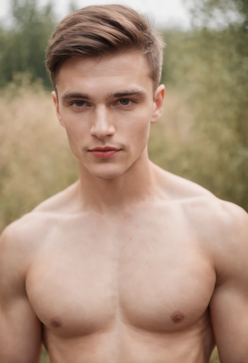 photo plan d'Even sexy young Ukrainian man with visible buttocks completely naked, The muscular body a symmetrical face, outdoor lighting, A sullen atmosphere, sharp eyes, hyper sexy, With SM clothing