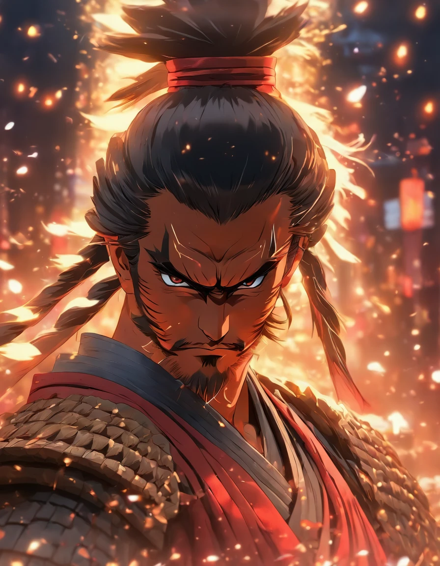 Japan samurai in armor、Highest bit、Highly detailed armor、reddish、ck、Highly detailed background,Realistic,ultra-detailliert,super detailed skin,light glow,Film grain,Expro II,Lens Flare,Sharpen,cinematic shadow