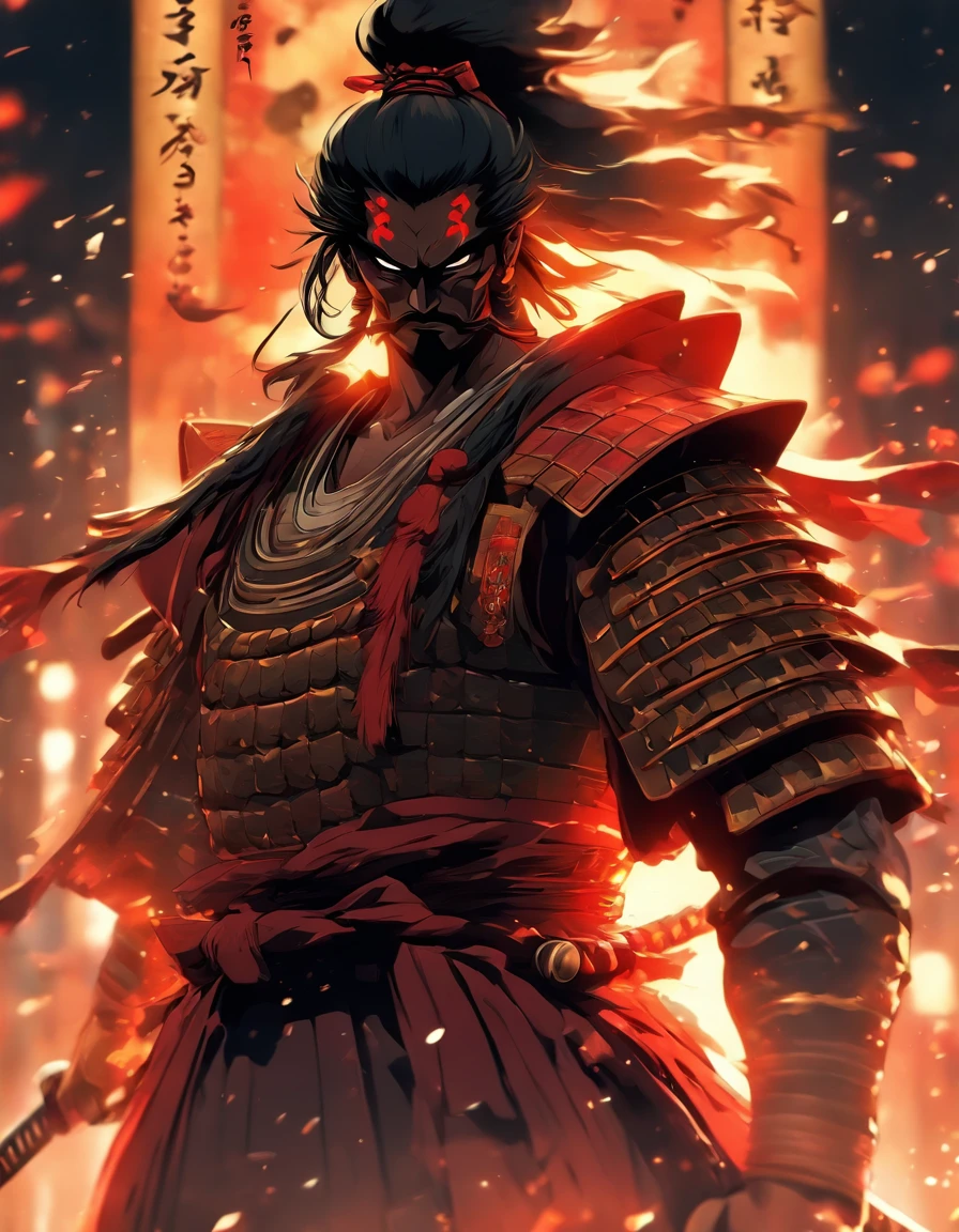 Japan samurai in armor、Highest bit、Highly detailed armor、reddish、ck、Highly detailed background,Realistic,ultra-detailliert,super detailed skin,light glow,Film grain,Expro II,Lens Flare,Sharpen,cinematic shadow