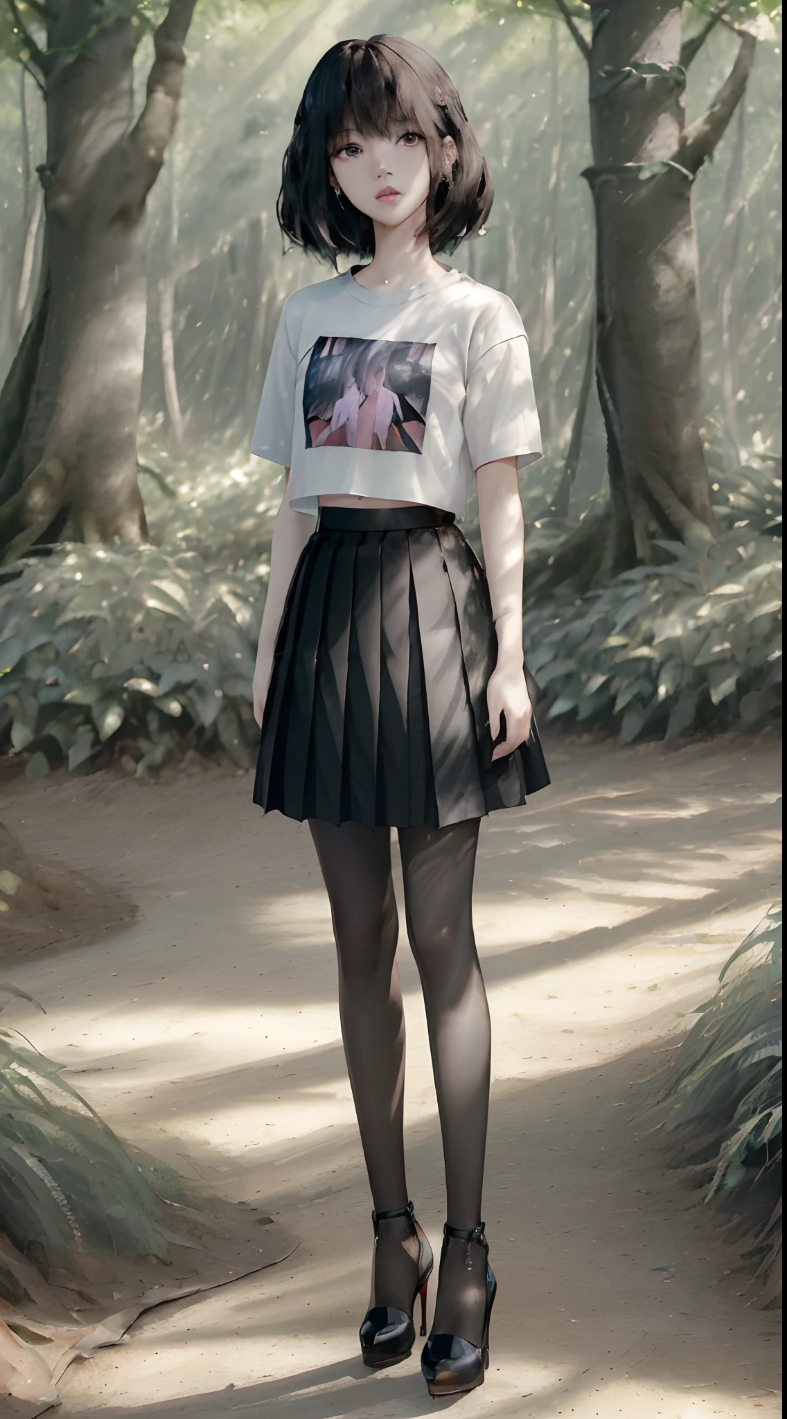 ((Lisa from Blackpink)), t-shirt, tiny pleated skirt, waist-high black tights, high heels, close-up of face, full body shot, very fair skin, short hair, wavy hair, camp, forest, photorealistic , indirect lighting, volumetric light, ray tracing, hyper-detailed, best quality, high resolution, HDR, 8k